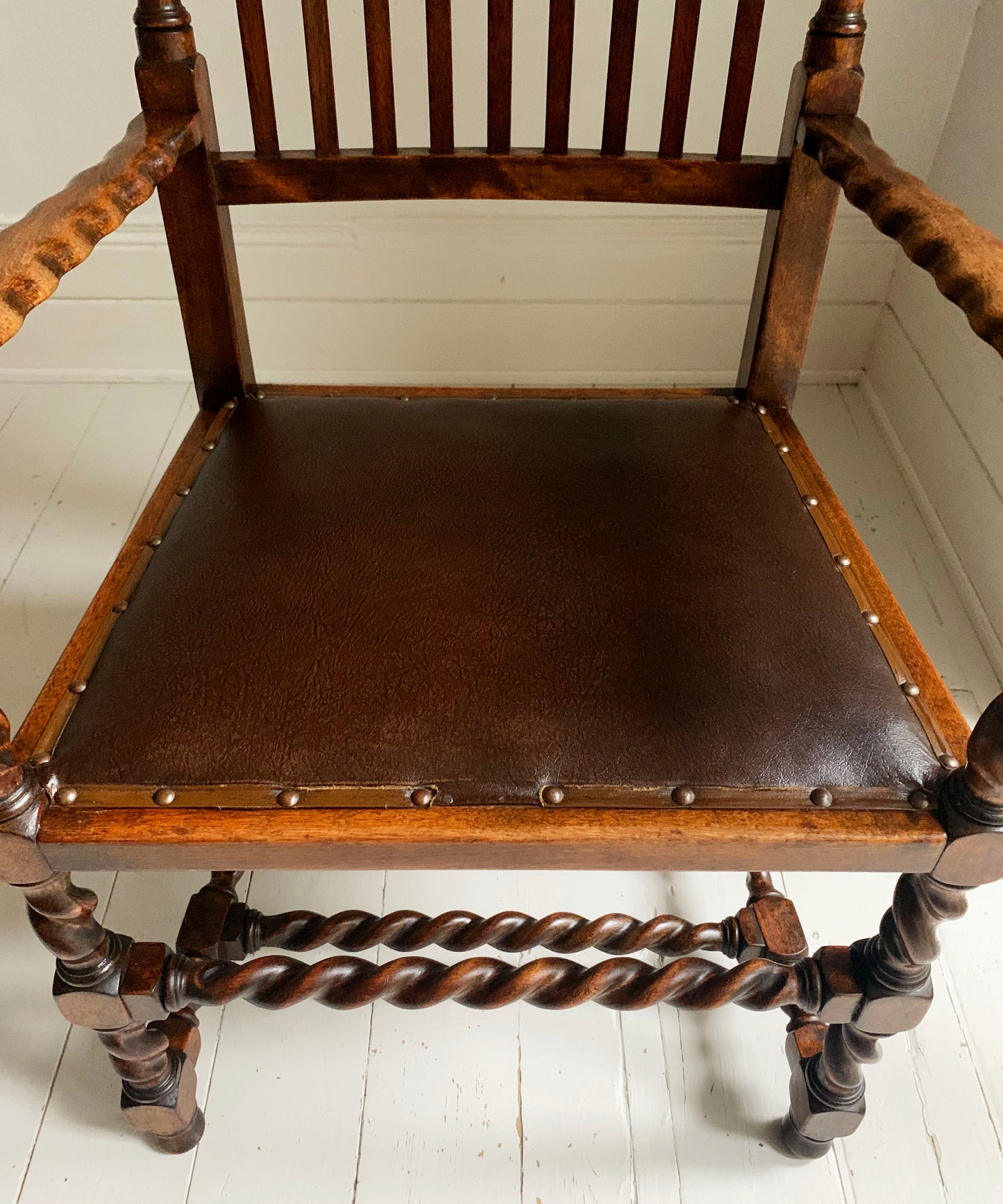 Antique 19th Century Arts & Craft Barley Twist, With Leather Seat, Carver Chair