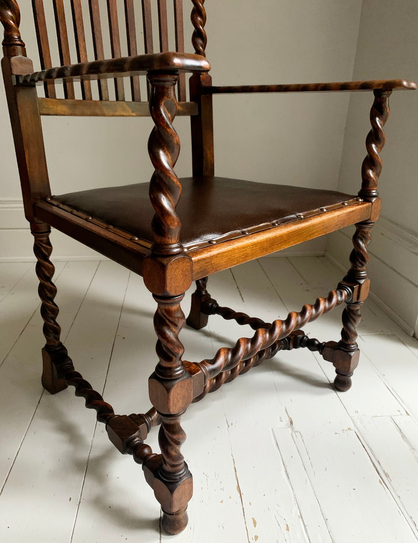Antique 19th Century Arts & Craft Barley Twist, With Leather Seat, Carver Chair