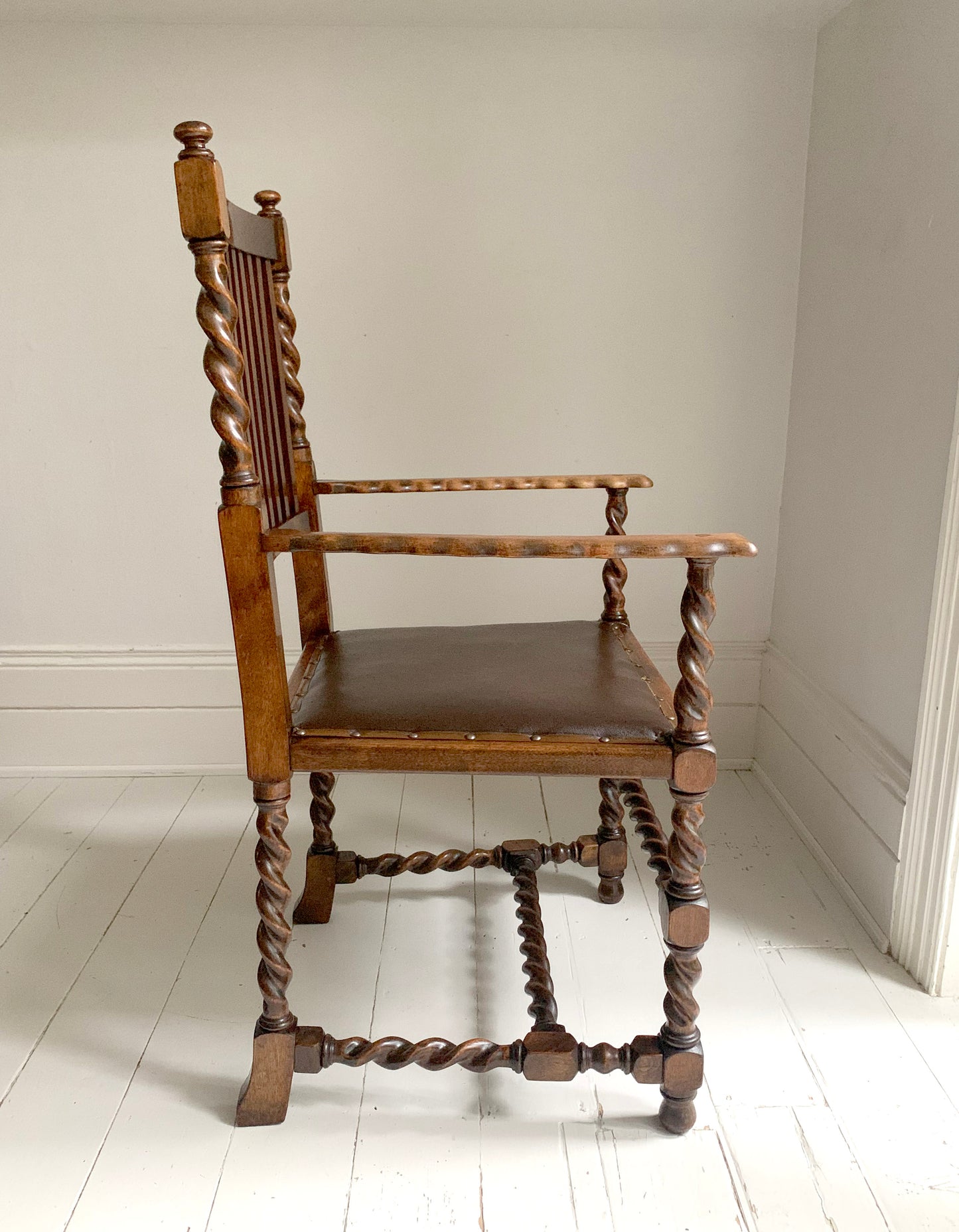 Antique 19th Century Arts & Craft Barley Twist, With Leather Seat, Carver Chair