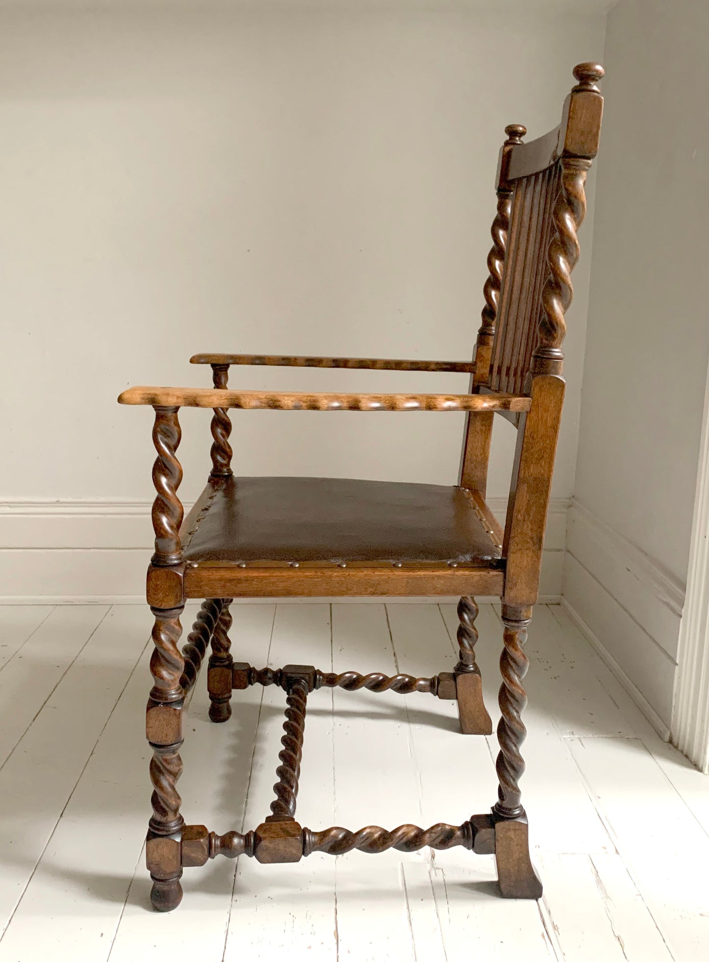 Antique 19th Century Arts & Craft Barley Twist, With Leather Seat, Carver Chair