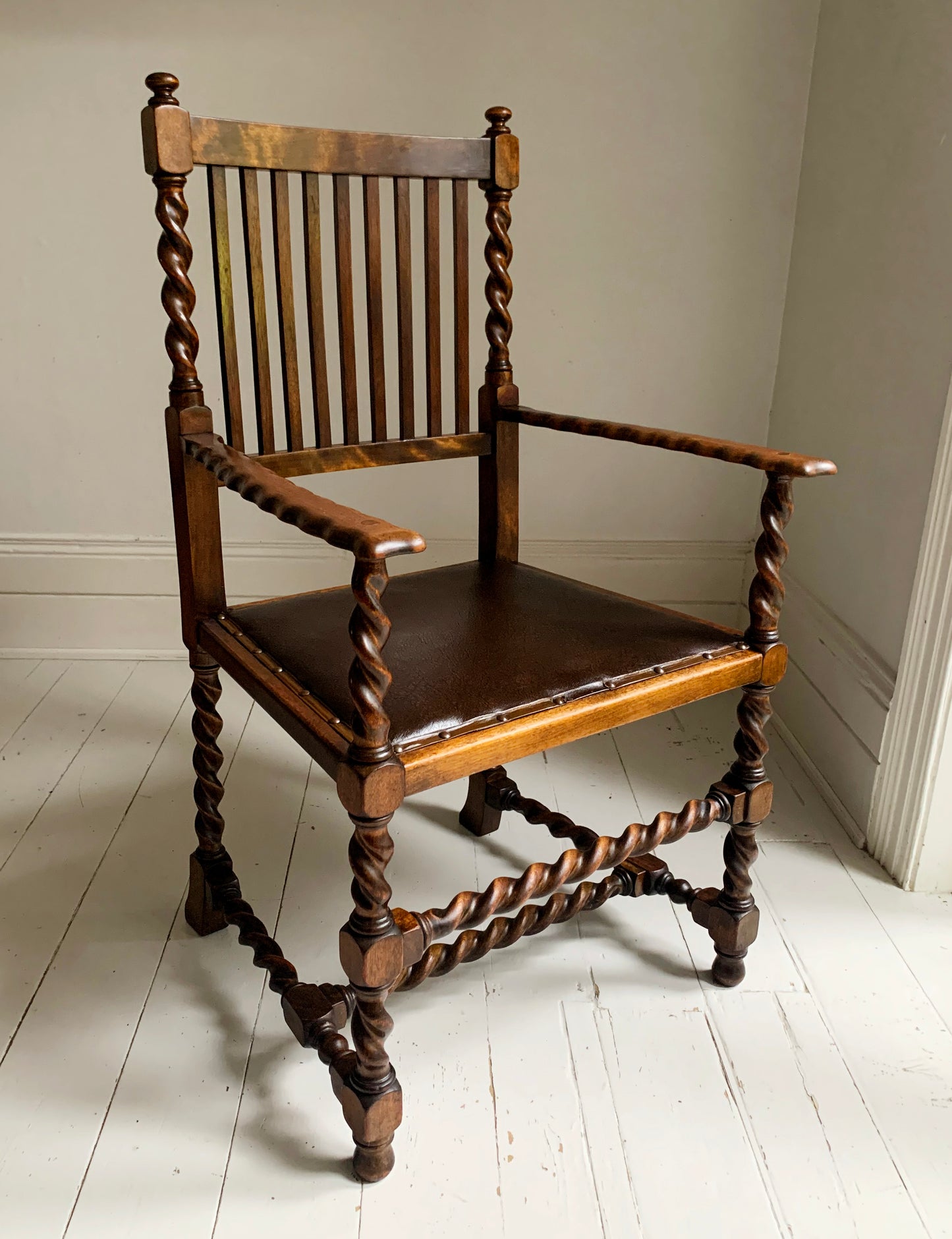 Antique 19th Century Arts & Craft Barley Twist, With Leather Seat, Carver Chair
