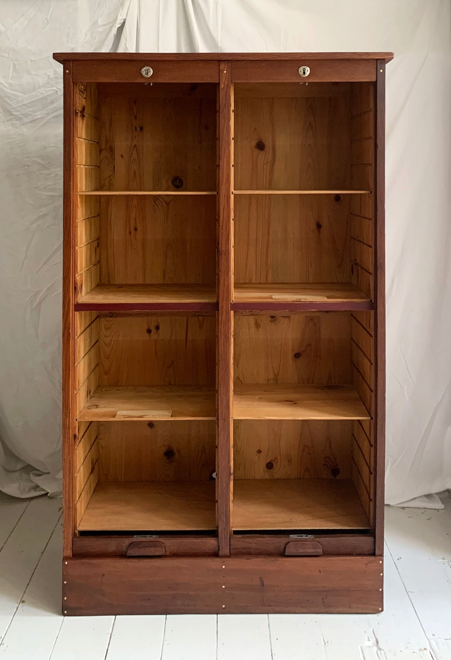 Antique French Double Tambour Oak Office Cabinet / 150cm Tall