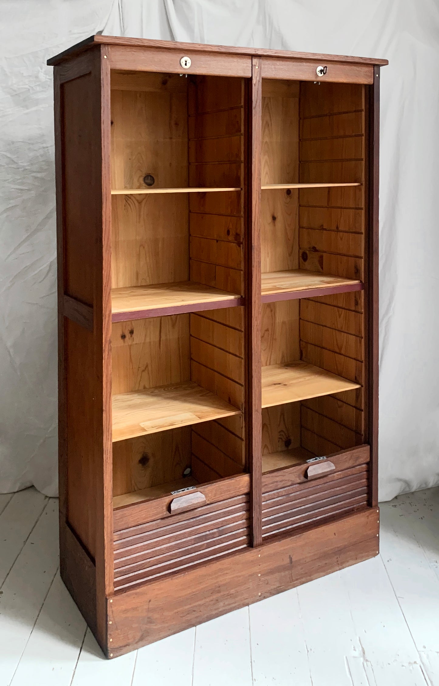 Antique French Double Tambour Oak Office Cabinet / 150cm Tall