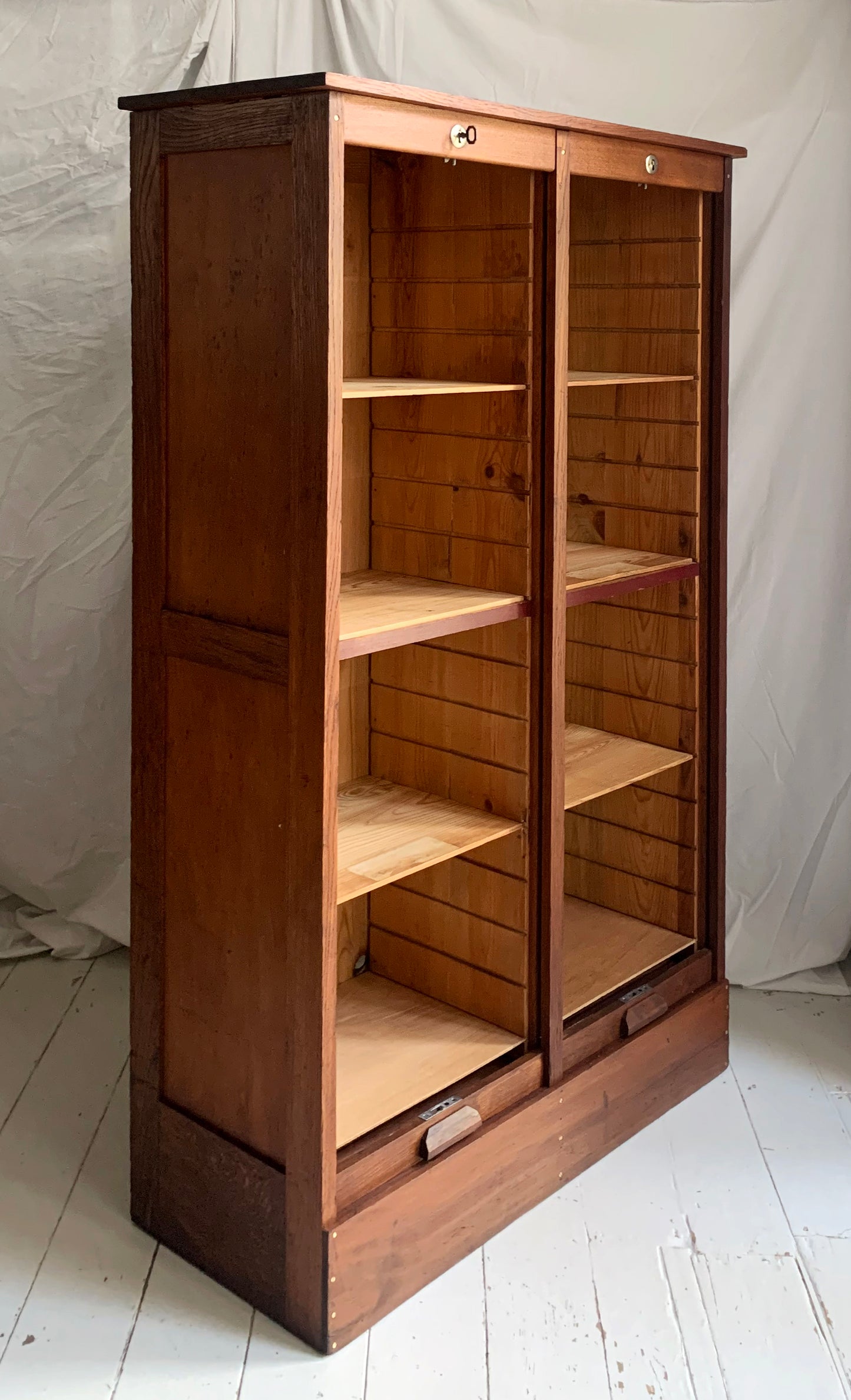Antique French Double Tambour Oak Office Cabinet / 150cm Tall