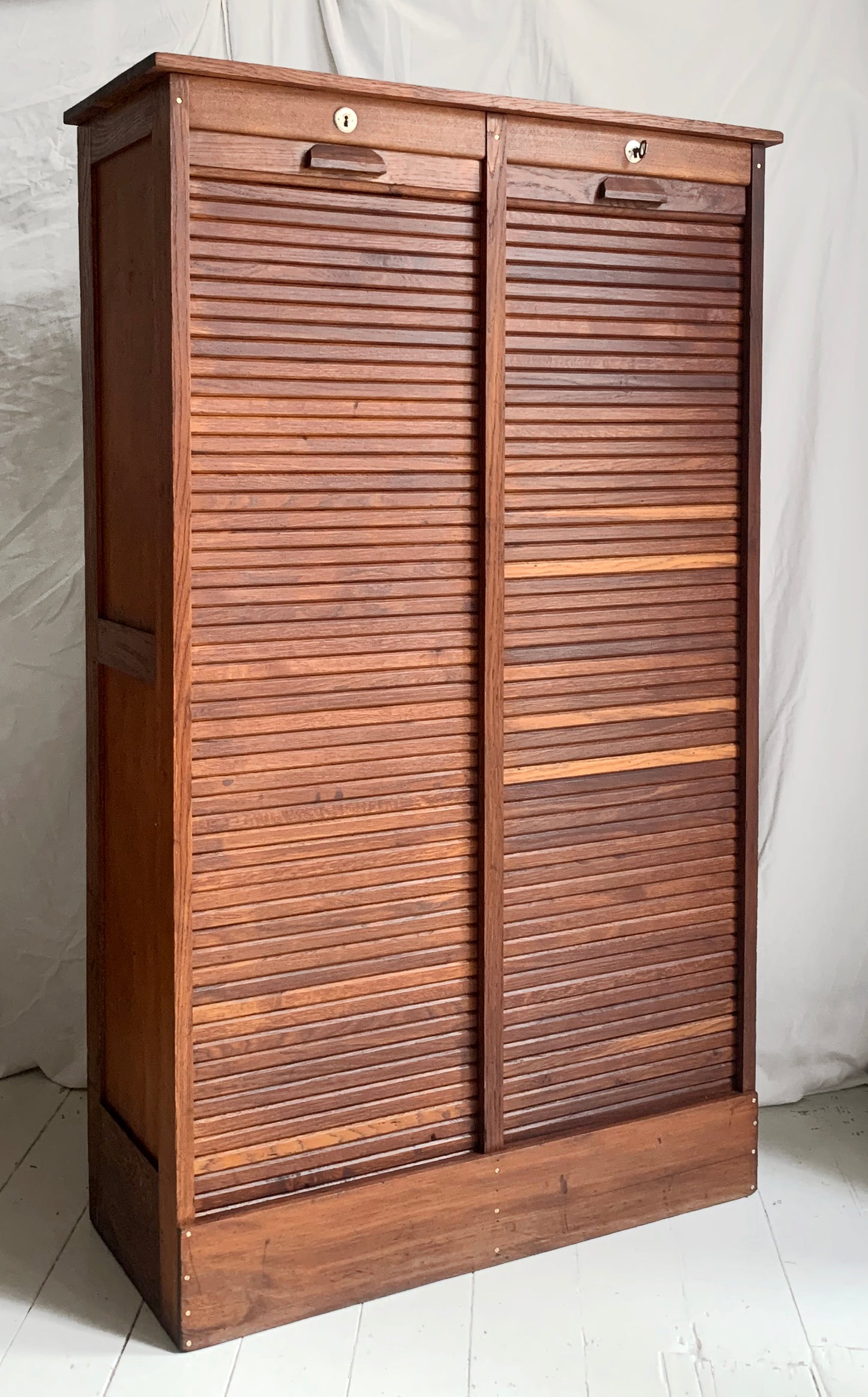 Antique French Double Tambour Oak Office Cabinet / 150cm Tall