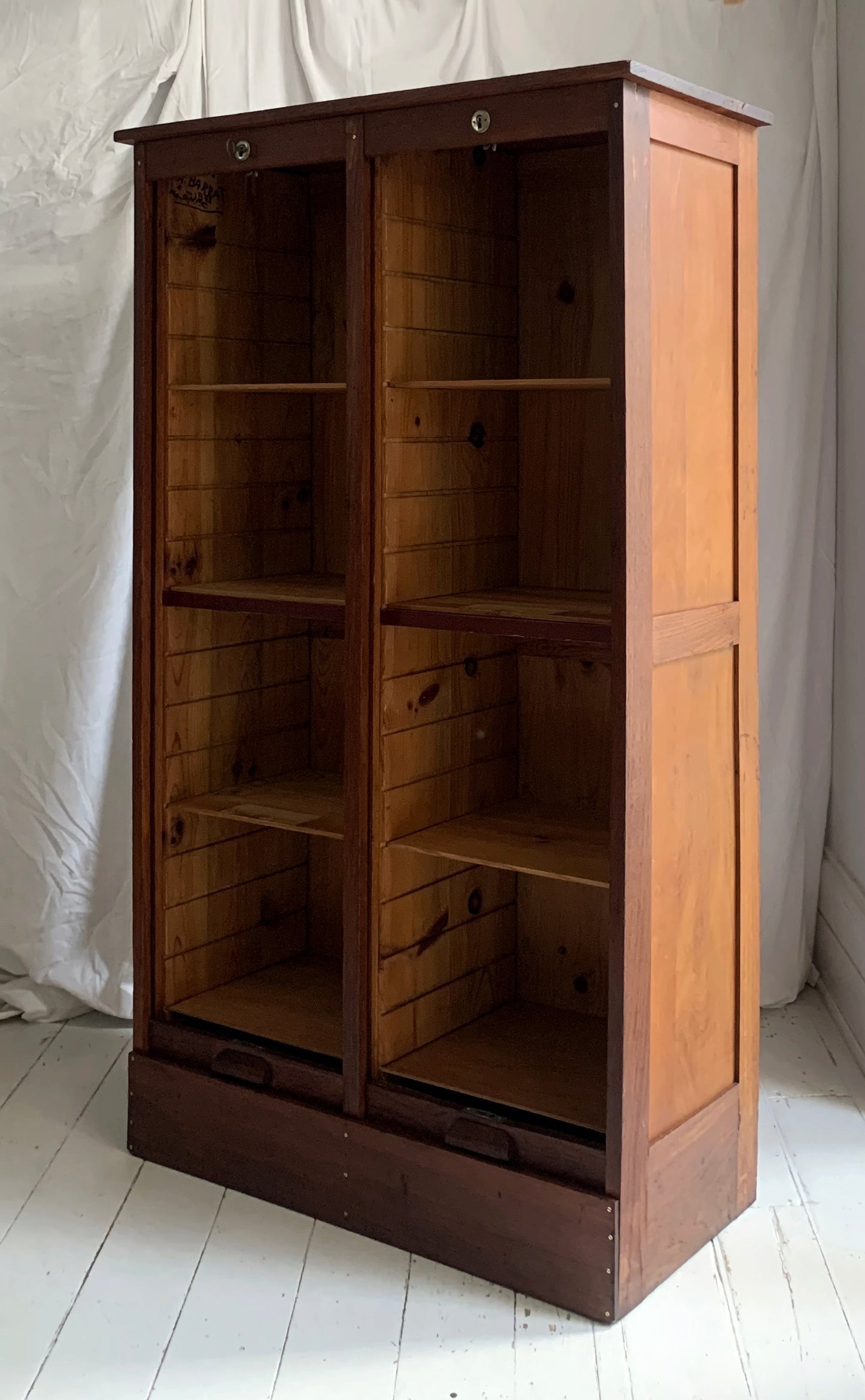 Antique French Double Tambour Oak Office Cabinet / 150cm Tall