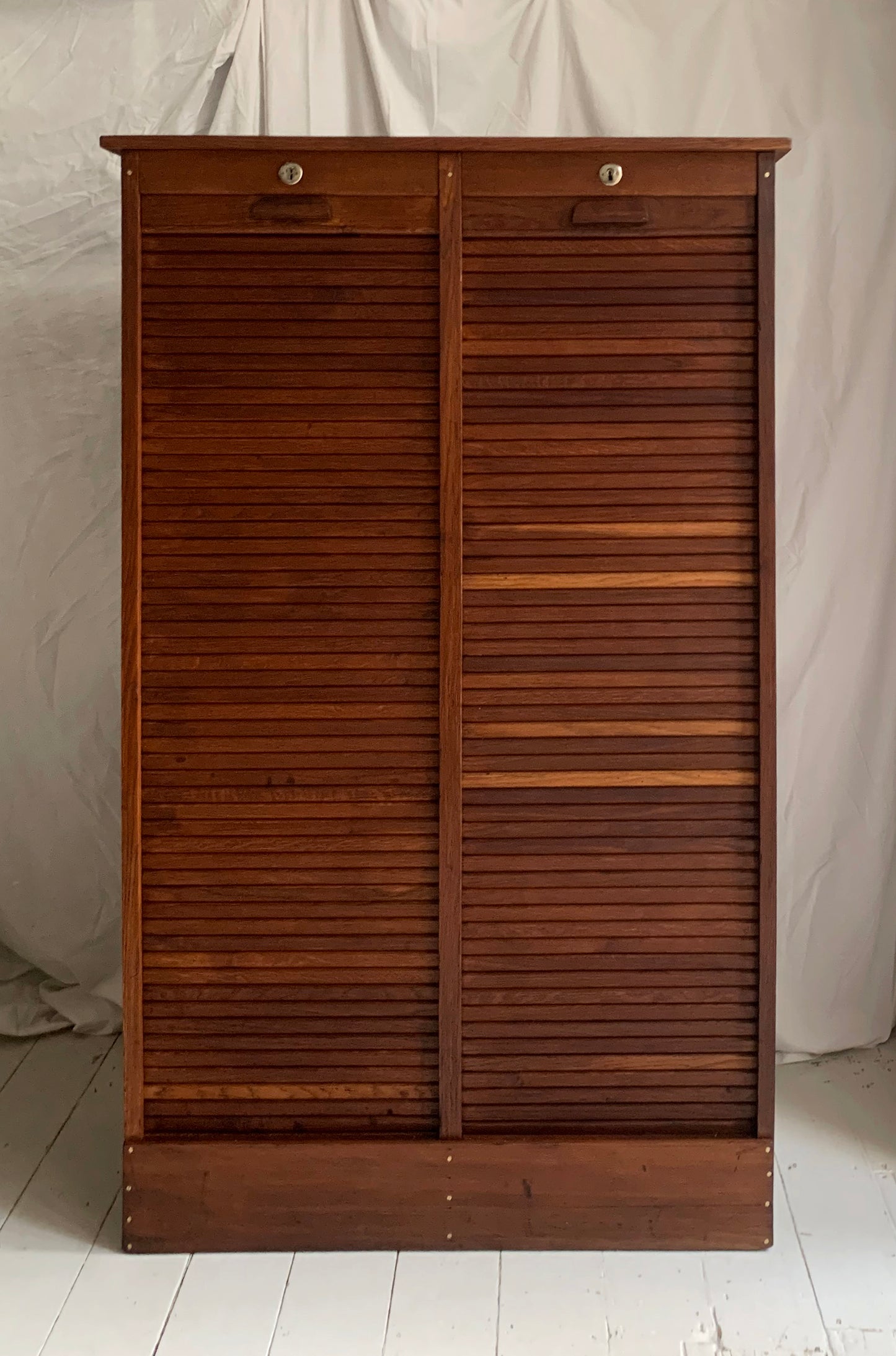 Antique French Double Tambour Oak Office Cabinet / 150cm Tall