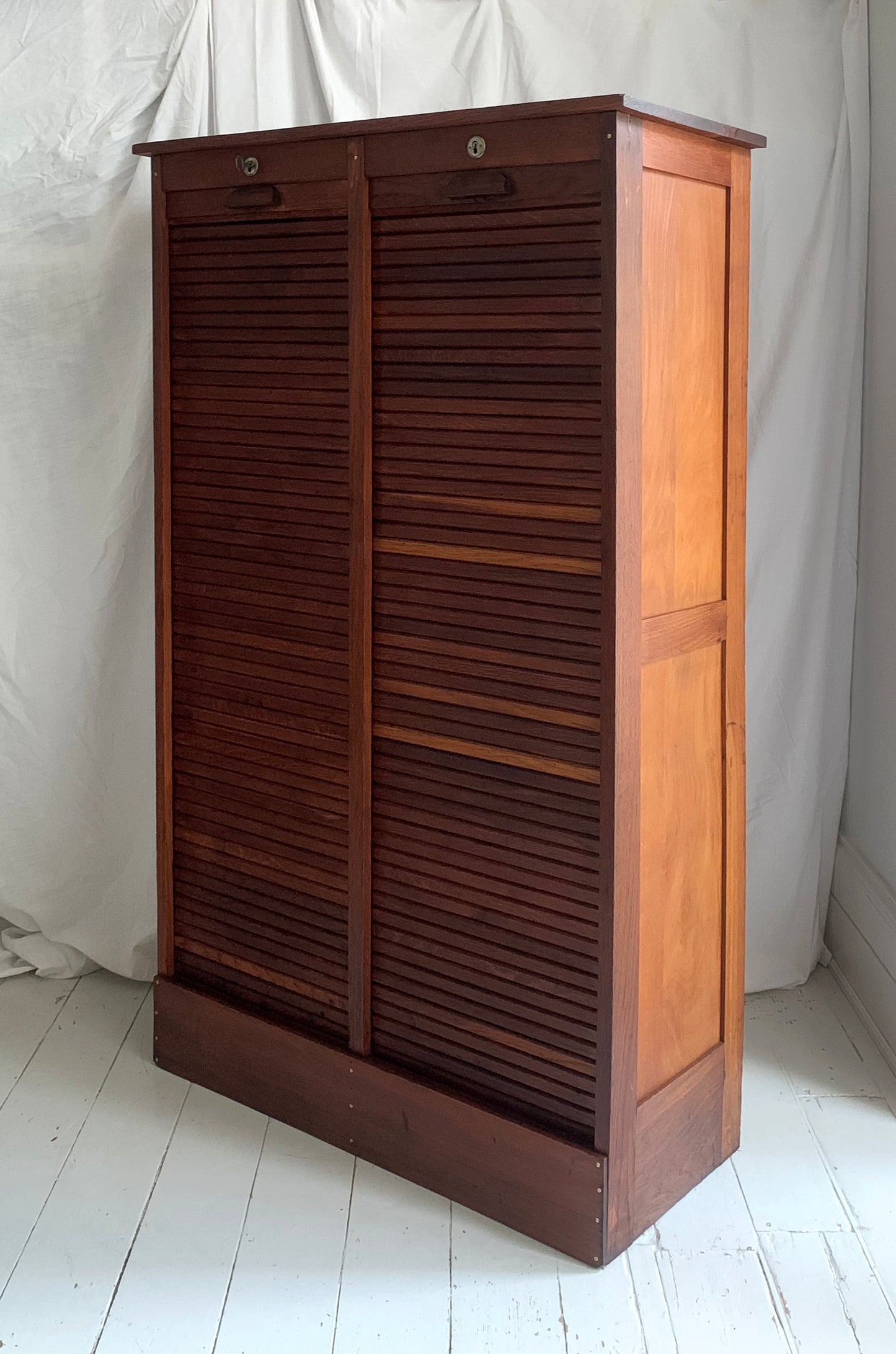 Antique French Double Tambour Oak Office Cabinet / 150cm Tall