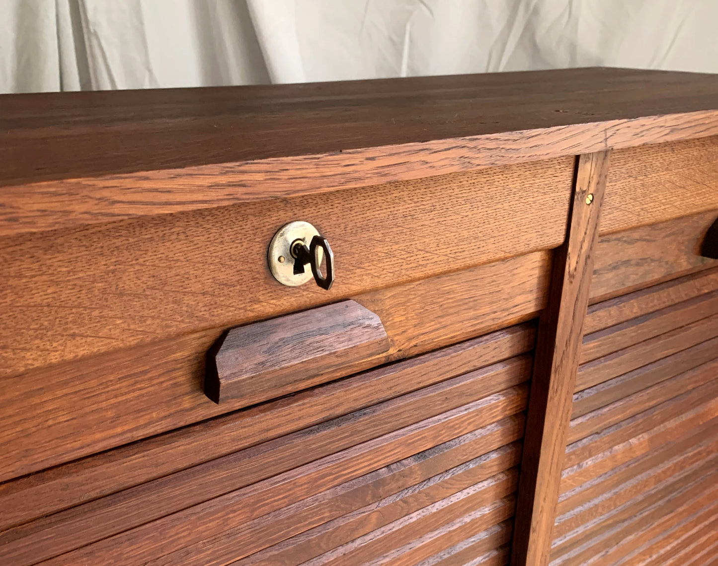 Antique French Double Tambour Oak Office Cabinet / 150cm Tall