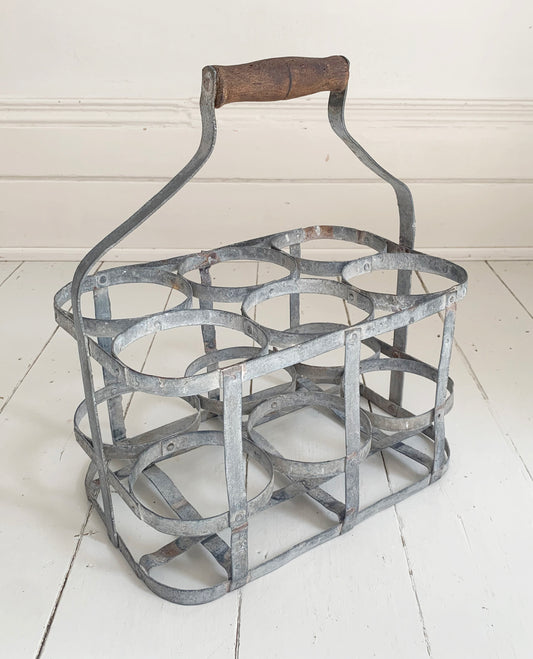 Antique French Galvanised Metal Milk / Wine Bottle Holder - Holds Six Bottles