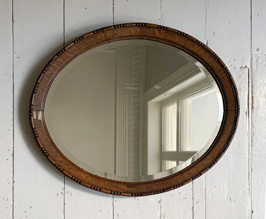 Small Antique Oval Mirror with Oak Frame, Bevelled Glass with Gentle Foxing