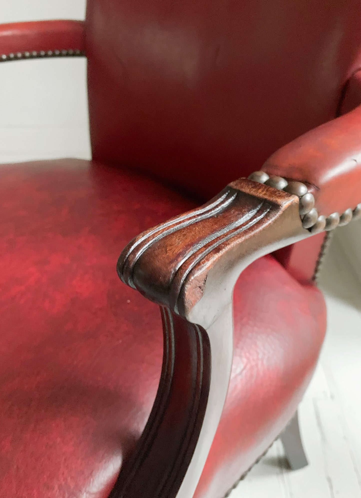 Antique Victorian Mahogany & Red Leather Fireside, Library Chair
