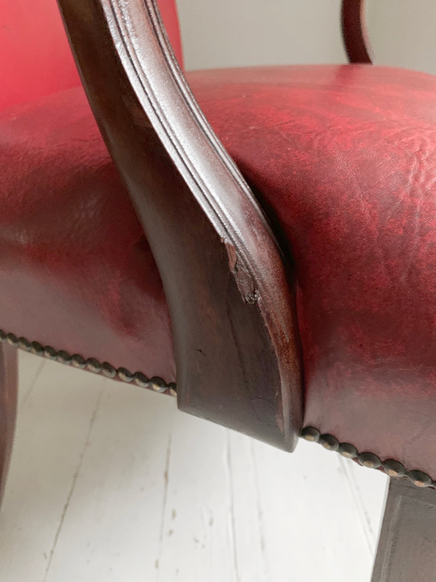 Antique Victorian Mahogany & Red Leather Fireside, Library Chair