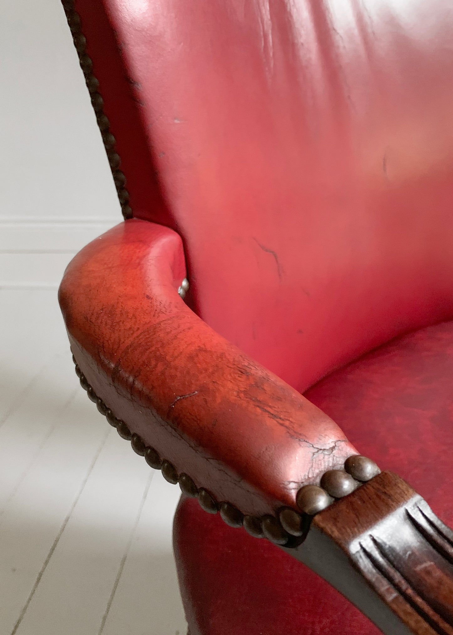Antique Victorian Mahogany & Red Leather Fireside, Library Chair