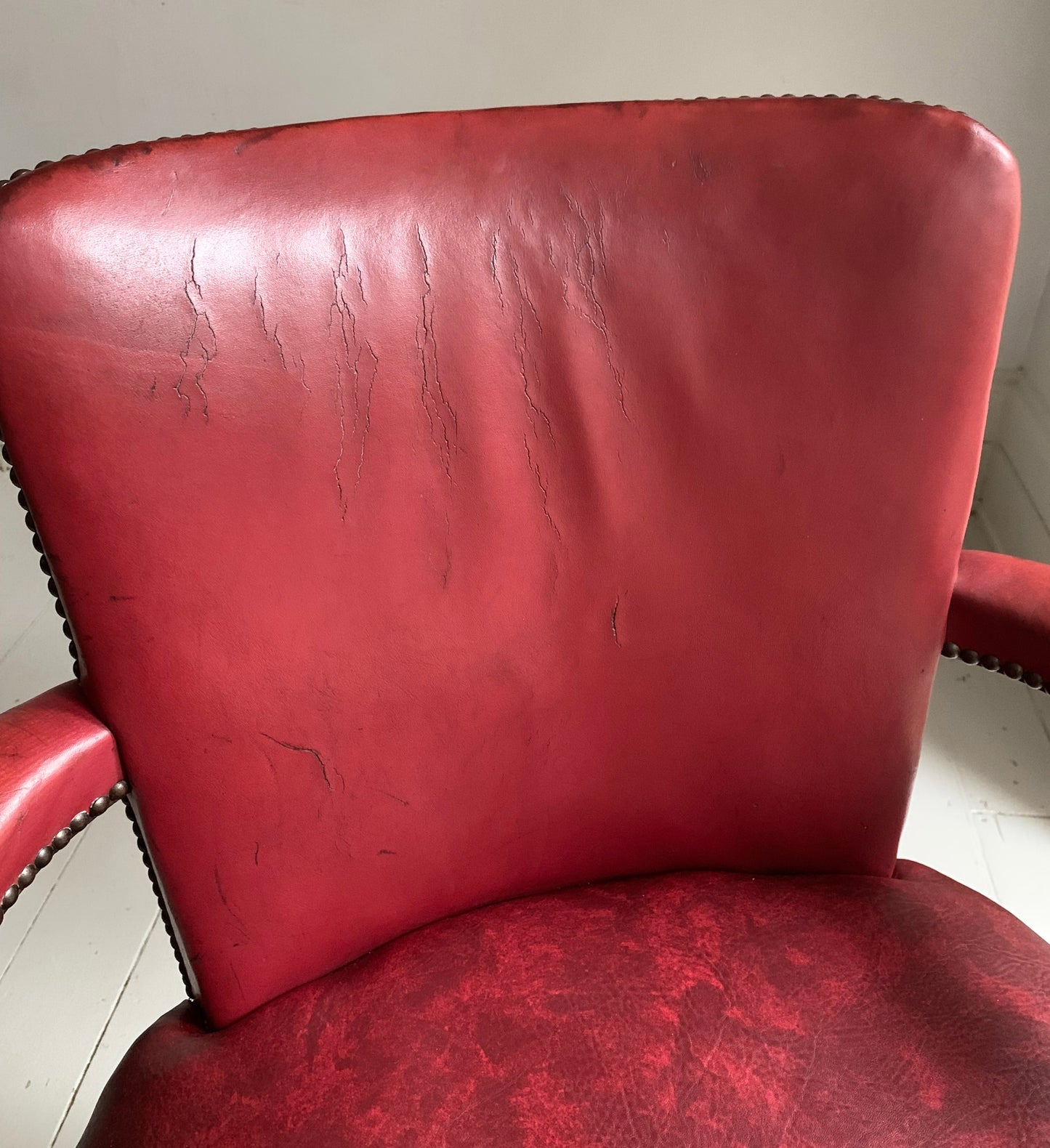 Antique Victorian Mahogany & Red Leather Fireside, Library Chair
