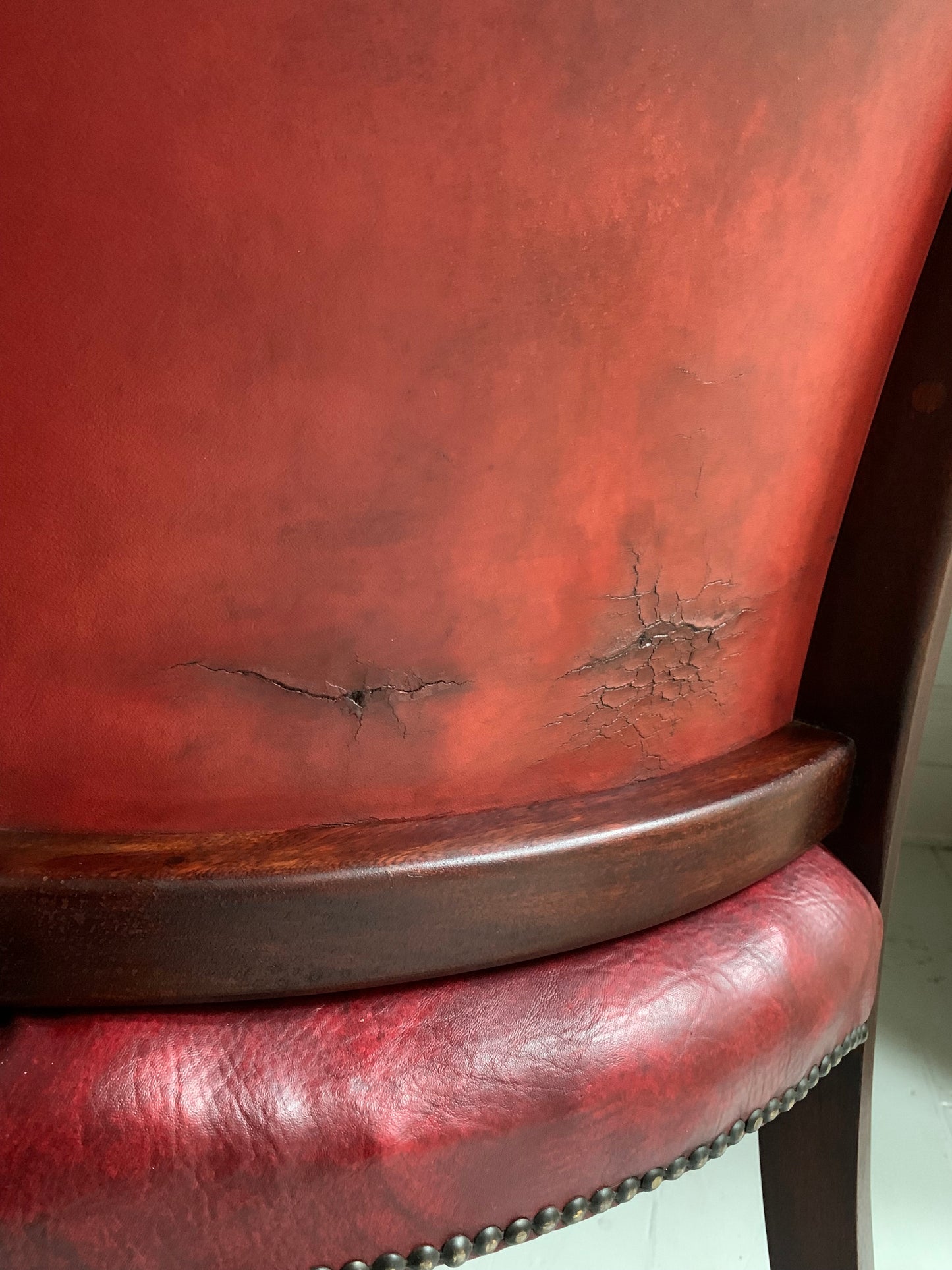 Antique Victorian Mahogany & Red Leather Fireside, Library Chair