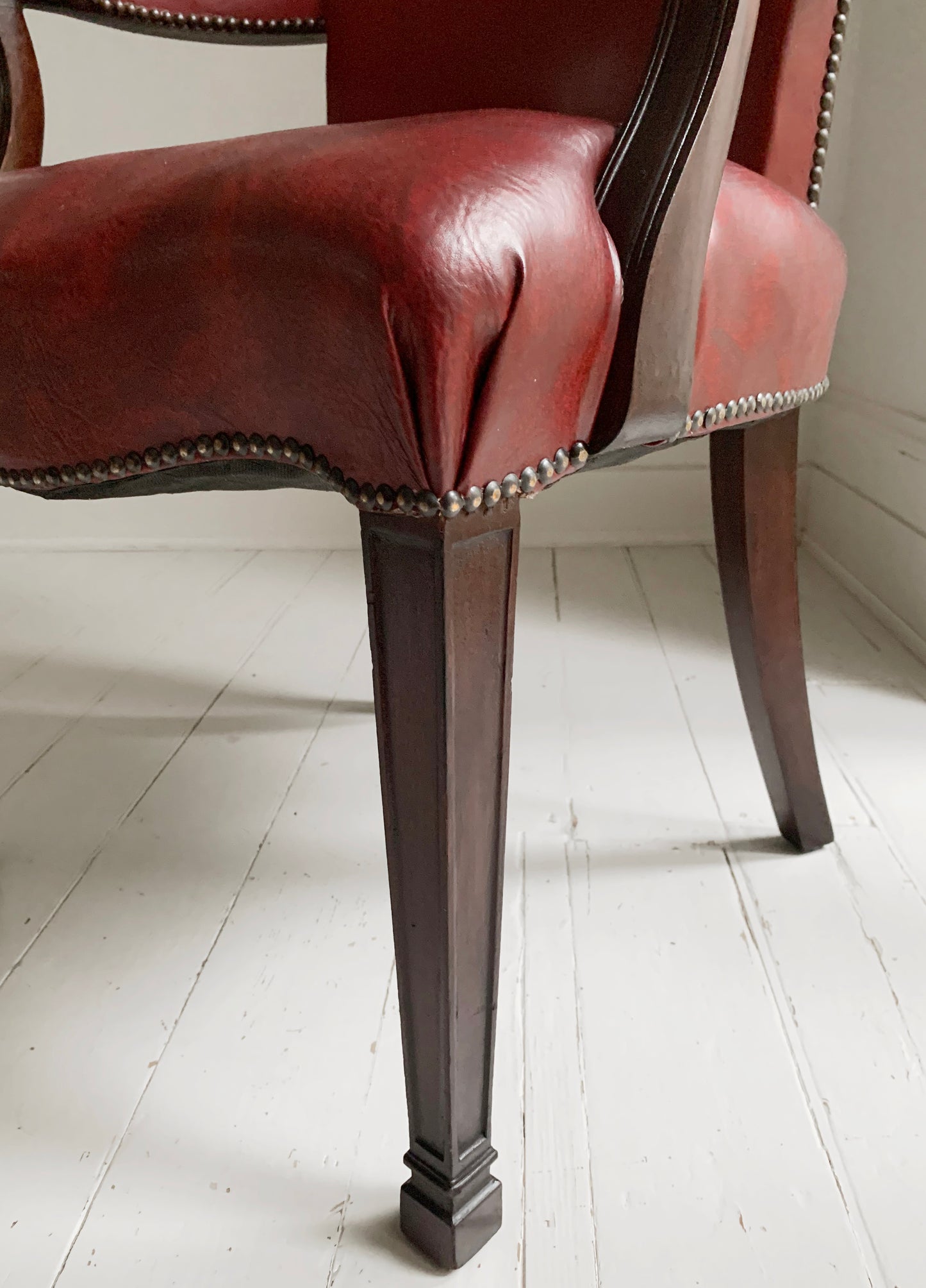 Antique Victorian Mahogany & Red Leather Fireside, Library Chair