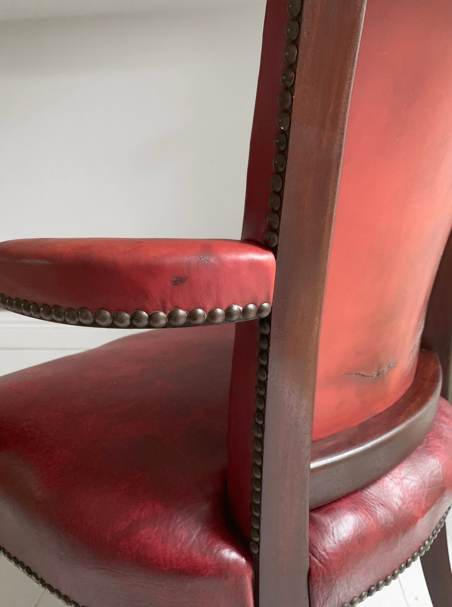 Antique Victorian Mahogany & Red Leather Fireside, Library Chair