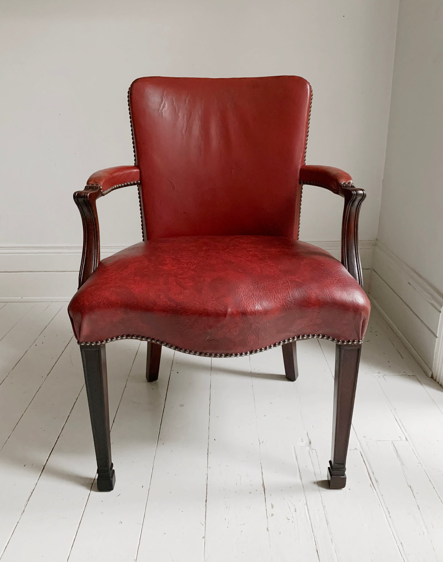 Antique Victorian Mahogany & Red Leather Fireside, Library Chair