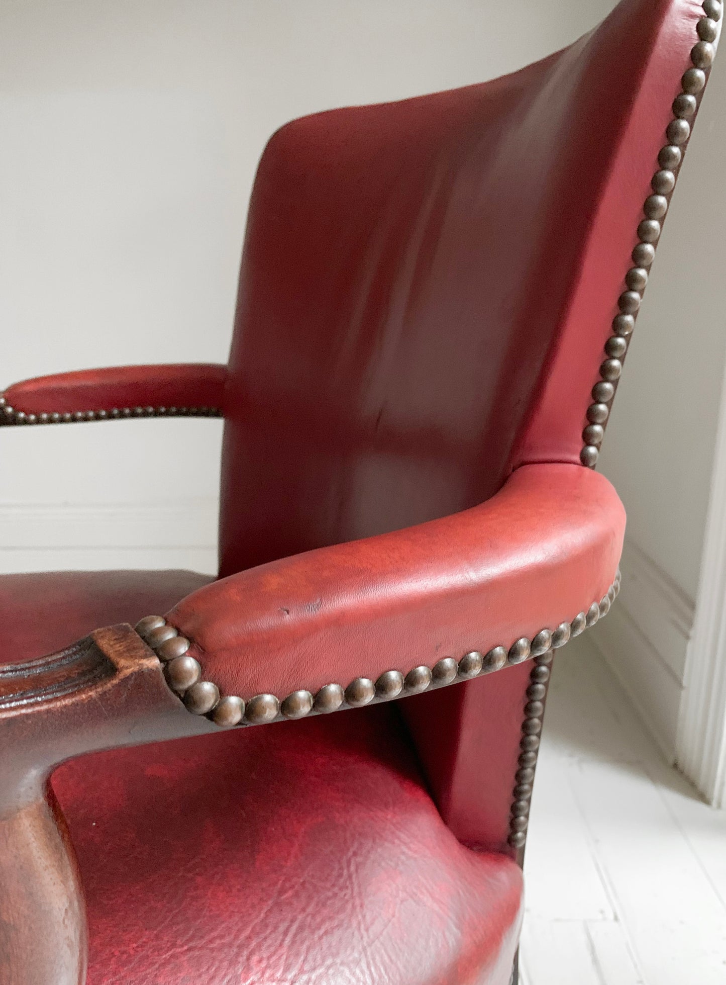 Antique Victorian Mahogany & Red Leather Fireside, Library Chair