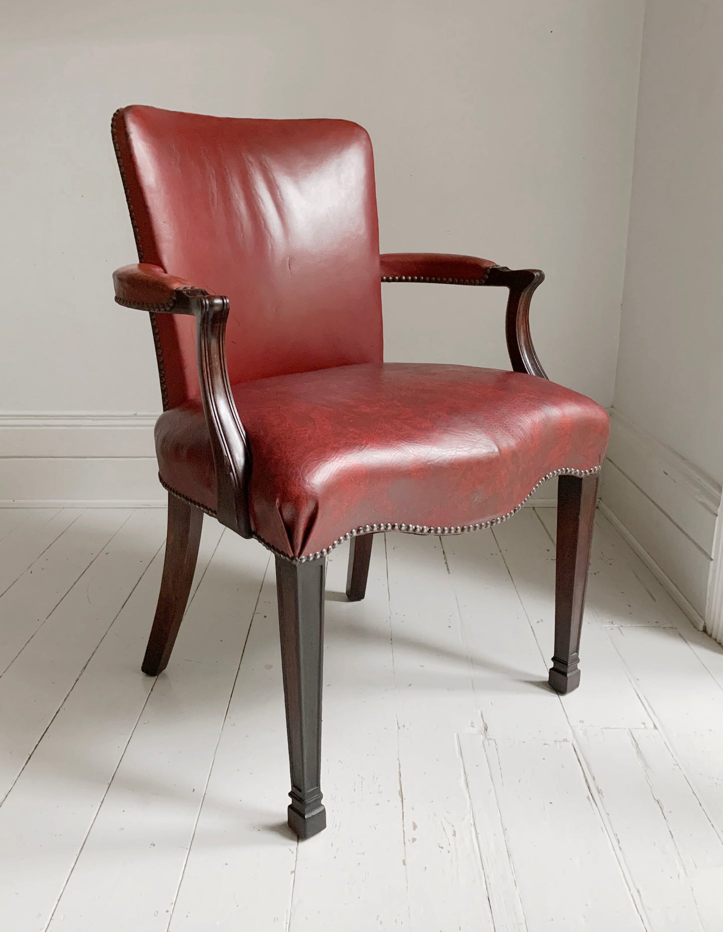 Antique Victorian Mahogany & Red Leather Fireside, Library Chair