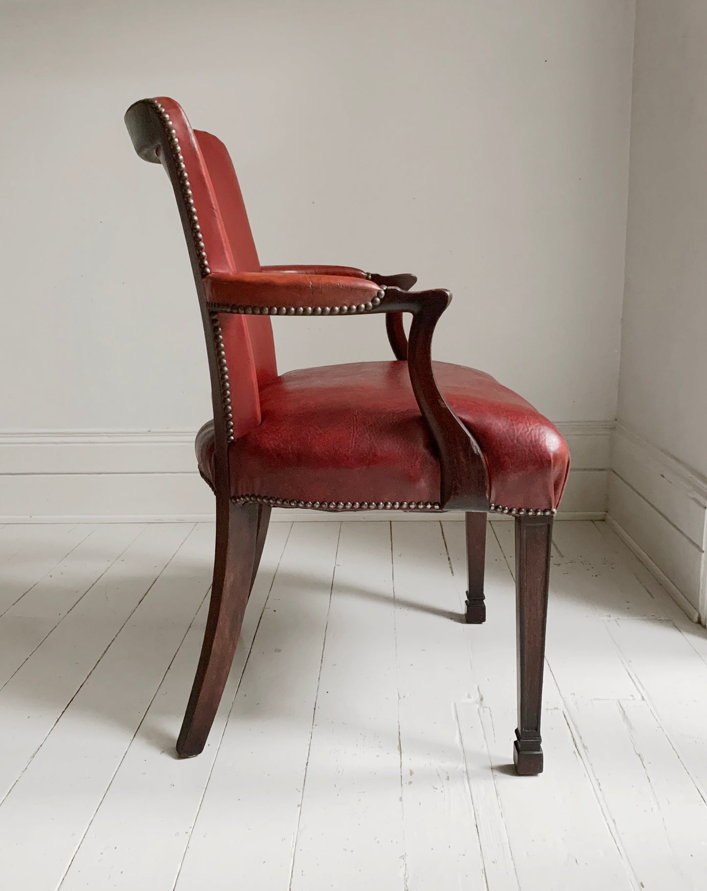 Antique Victorian Mahogany & Red Leather Fireside, Library Chair