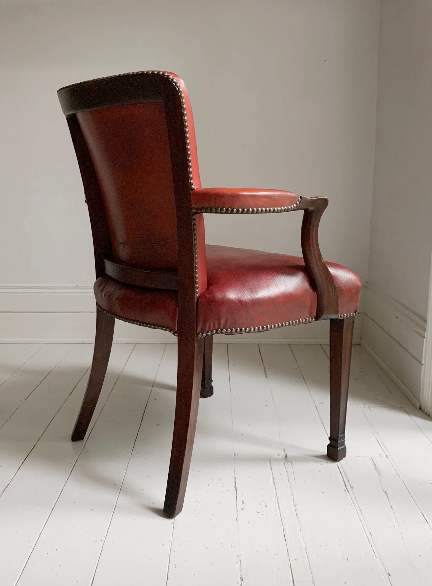 Antique Victorian Mahogany & Red Leather Fireside, Library Chair