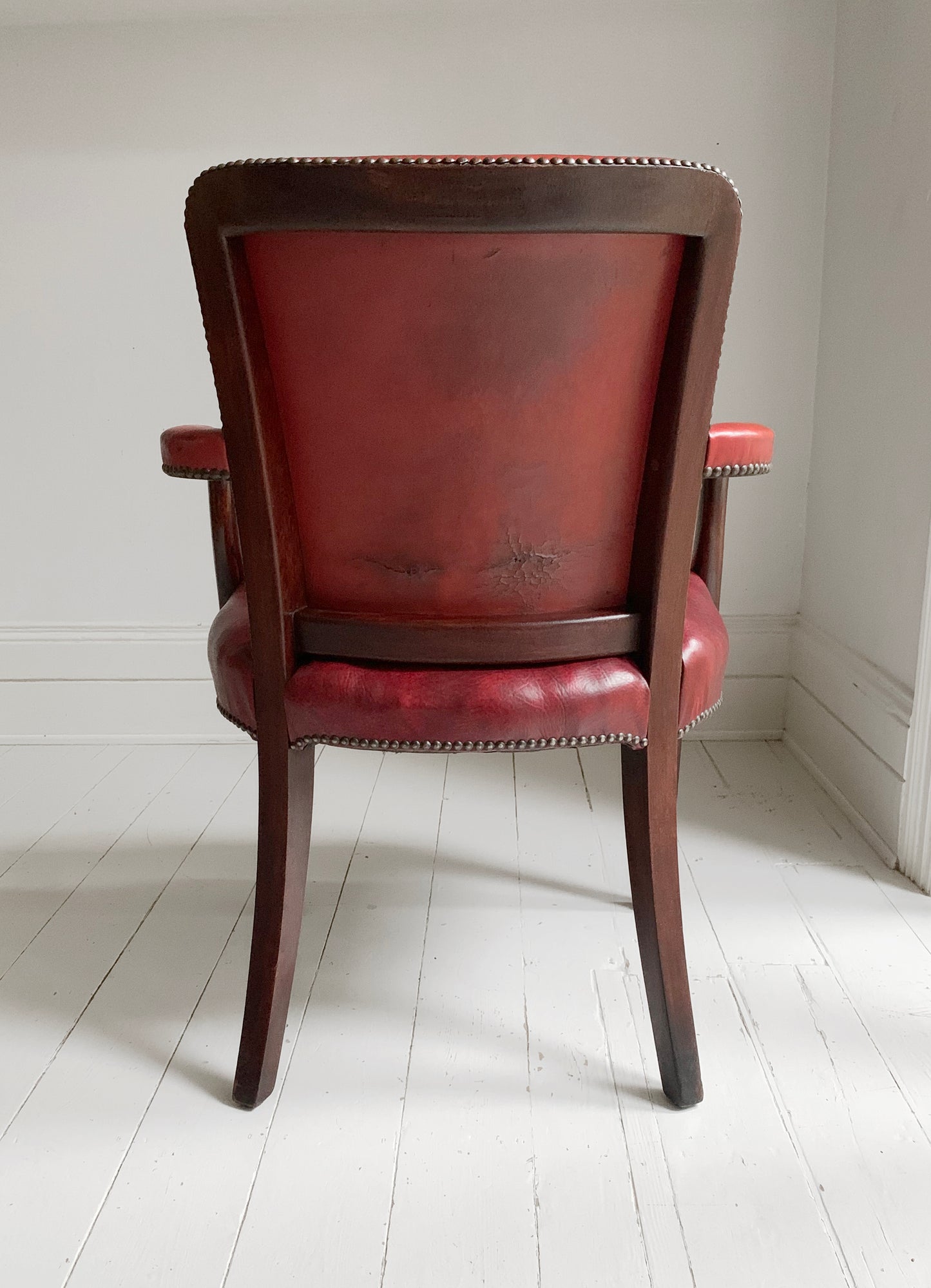 Antique Victorian Mahogany & Red Leather Fireside, Library Chair