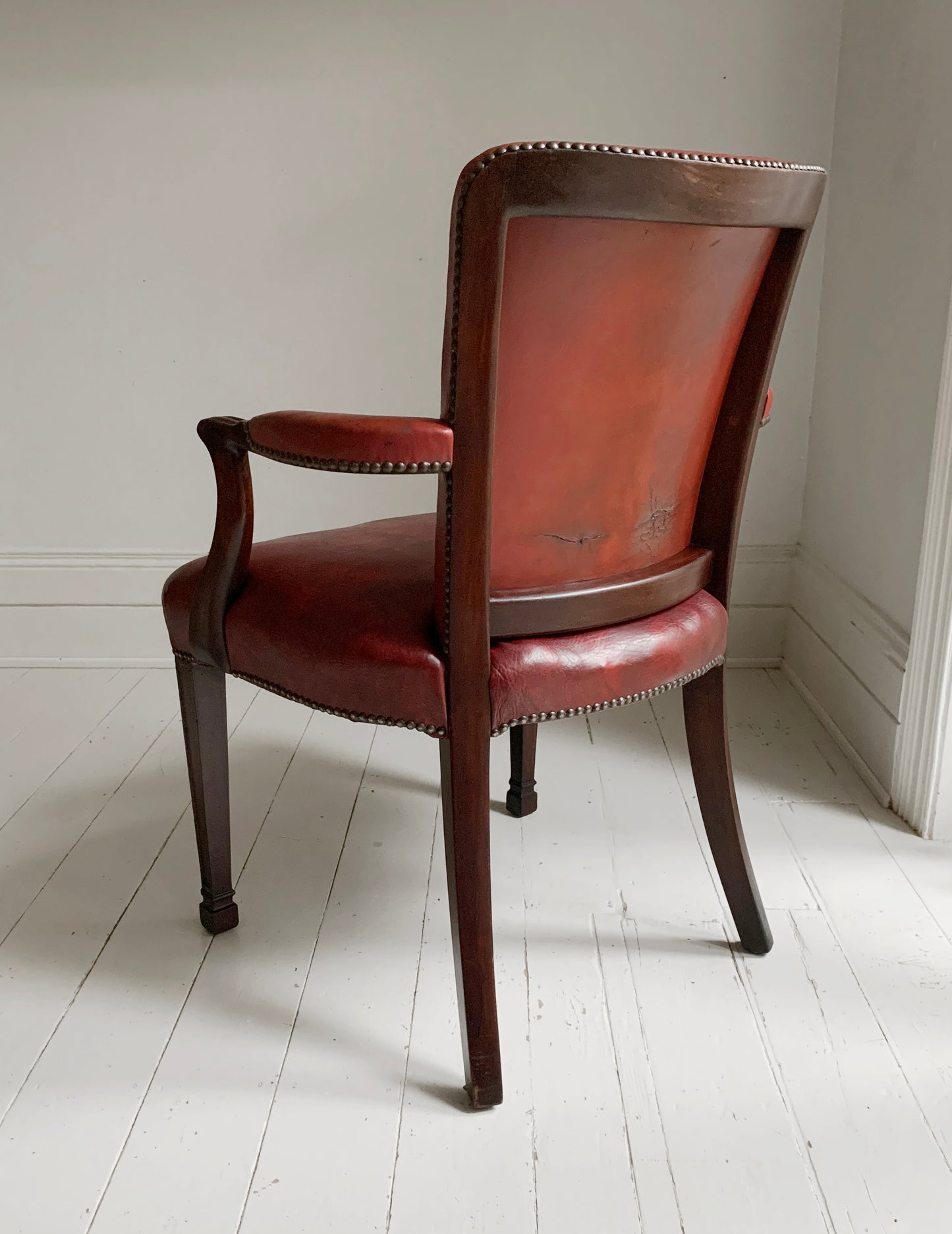 Antique Victorian Mahogany & Red Leather Fireside, Library Chair
