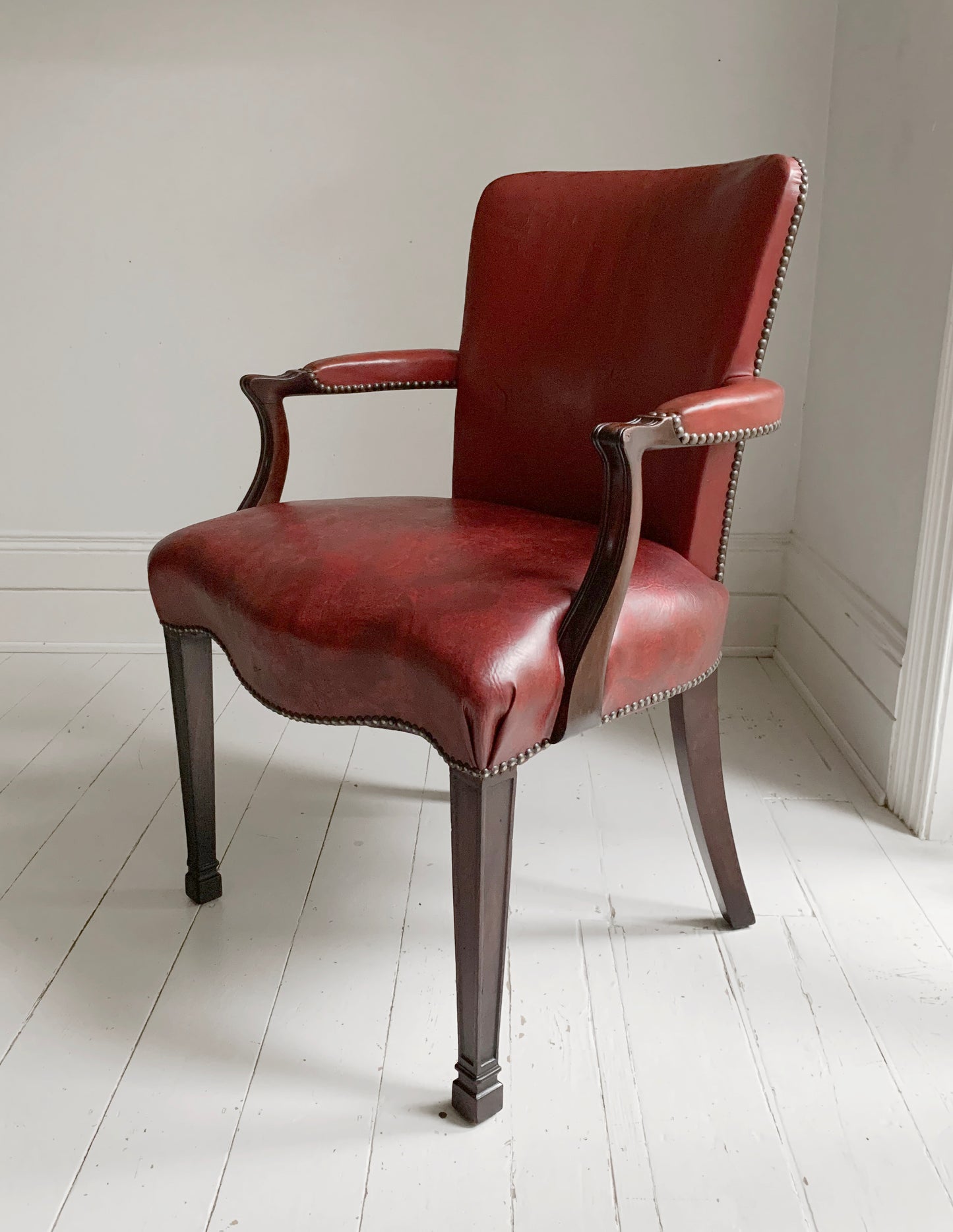 Antique Victorian Mahogany & Red Leather Fireside, Library Chair