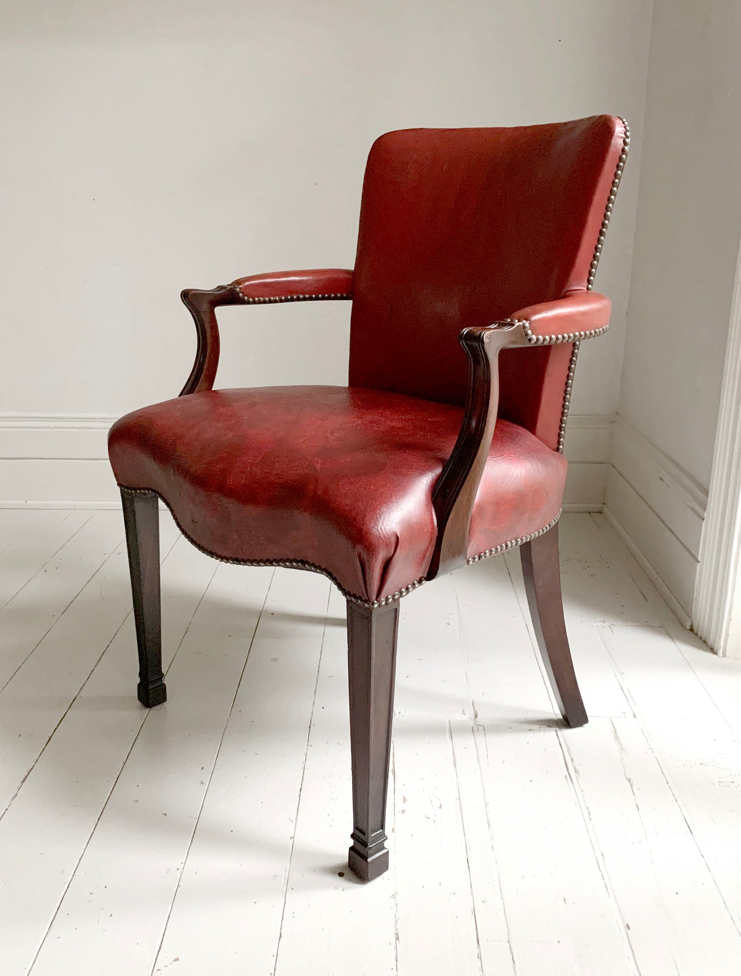 Antique Victorian Mahogany & Red Leather Fireside, Library Chair