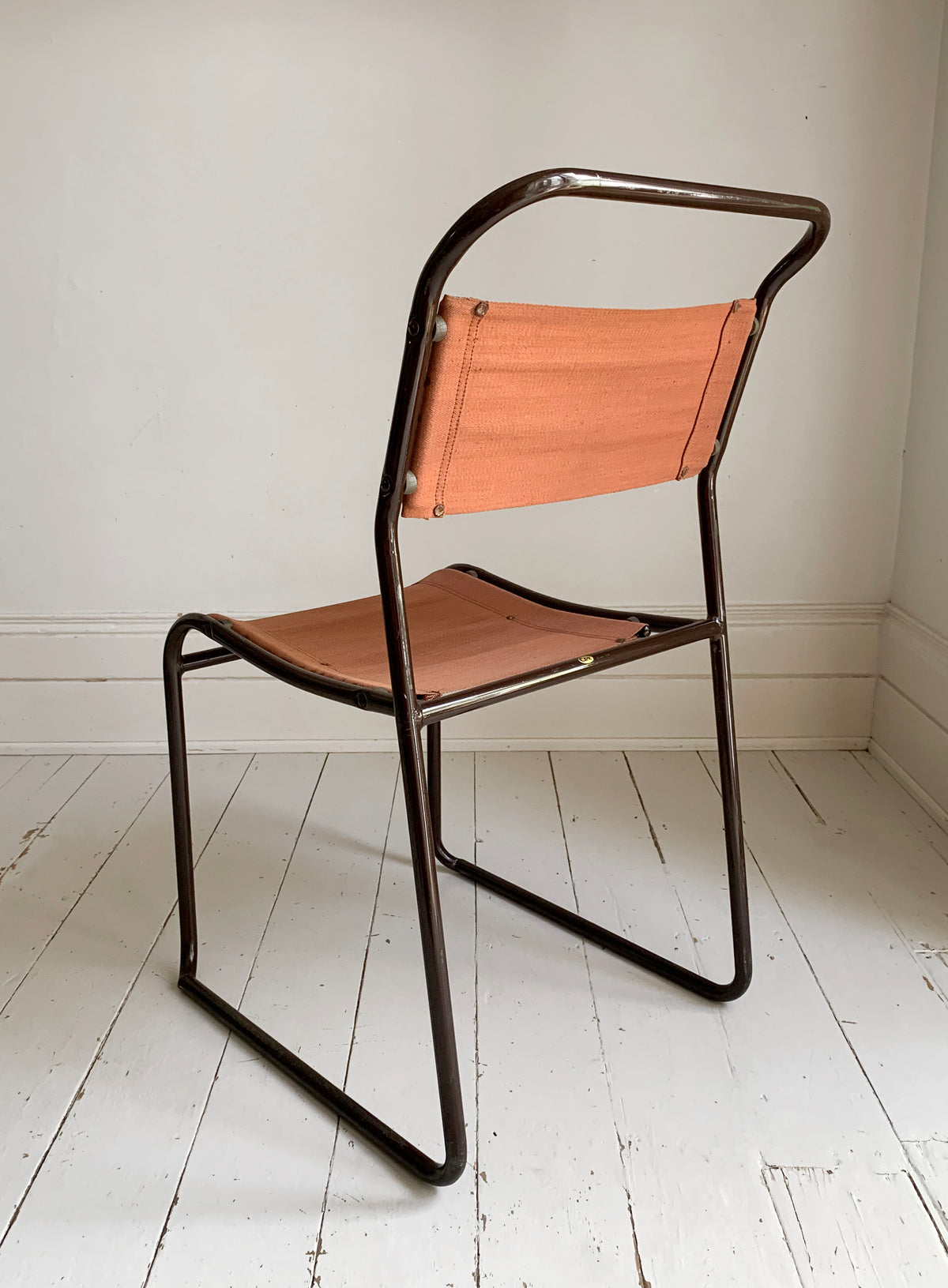 2 x 'Cox' Vintage Stacking Chairs - Canvas Seats, Black Tubular Metal Frame 1of2