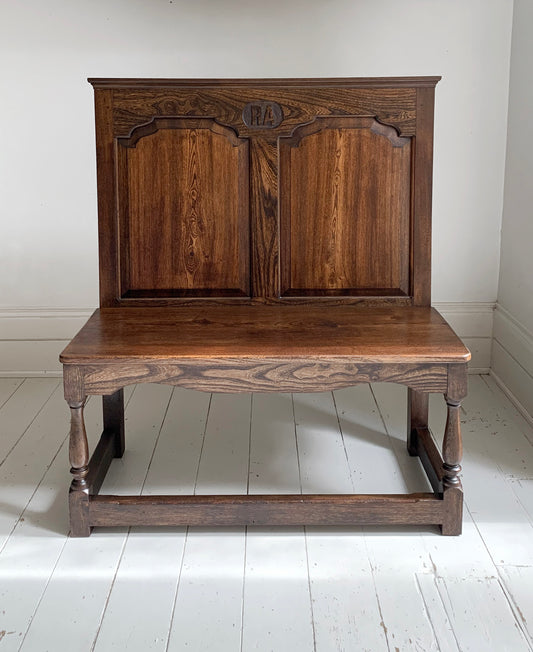 Antique Oak Panelled Back Settle Without Arms with RA Initial Carving / 91cm