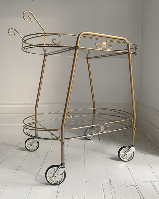 Mid Century Modern, Two Tier Brass Effect & Glass Cocktail Drinks Trolley Bar Cart