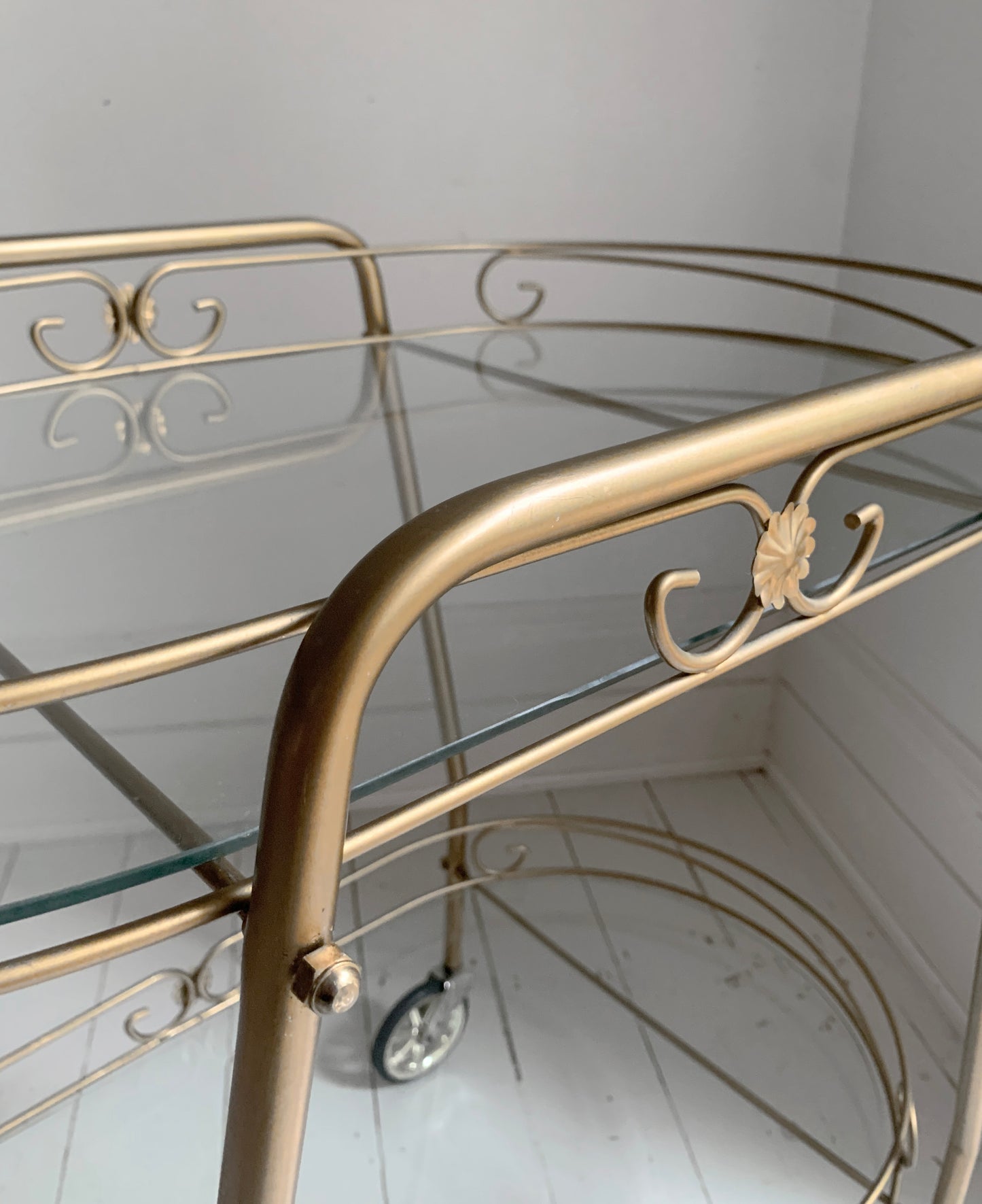 Mid Century Modern, Two Tier Brass Effect & Glass Cocktail Drinks Trolley Bar Cart