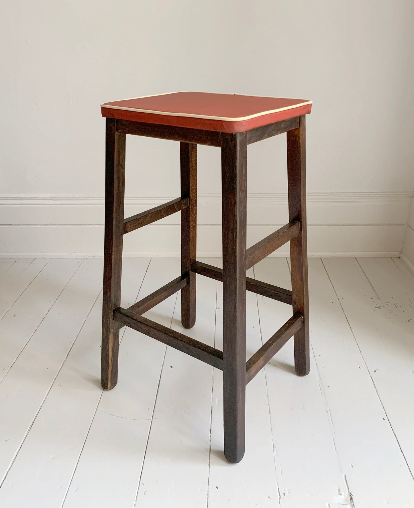 Vintage 1960s Red Vinyl & Wooden Kitchen Stool - but best for a plant/lamp stand