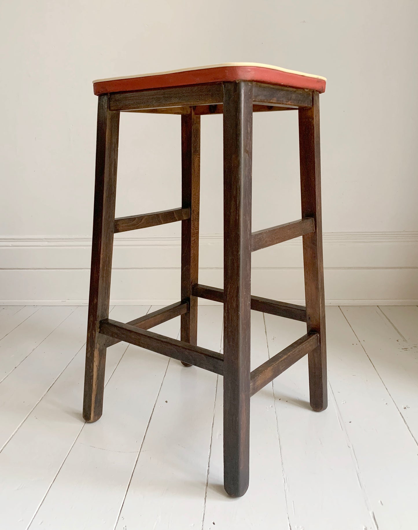 Vintage 1960s Red Vinyl & Wooden Kitchen Stool - but best for a plant/lamp stand