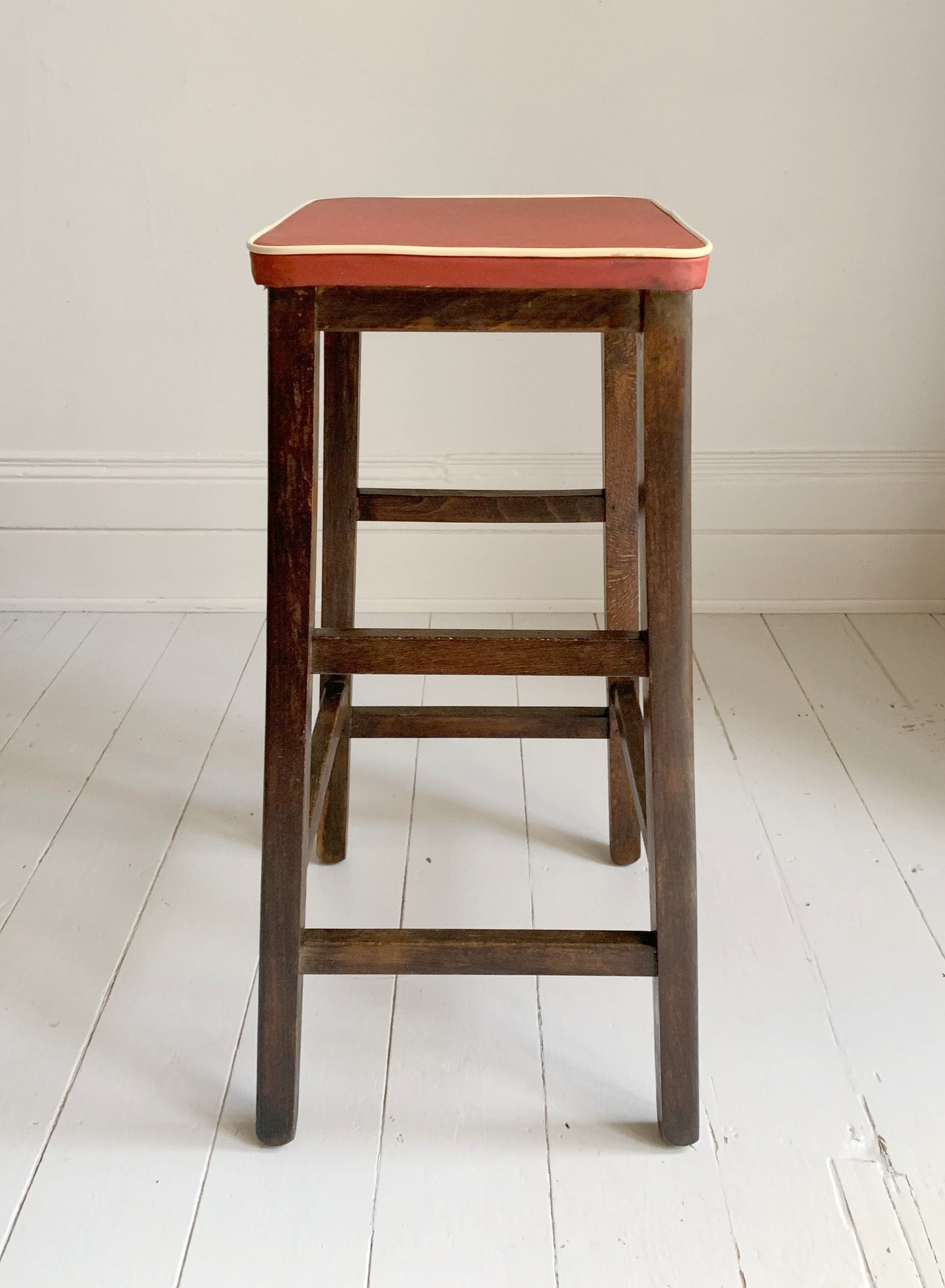 Vintage 1960s Red Vinyl & Wooden Kitchen Stool - but best for a plant/lamp stand