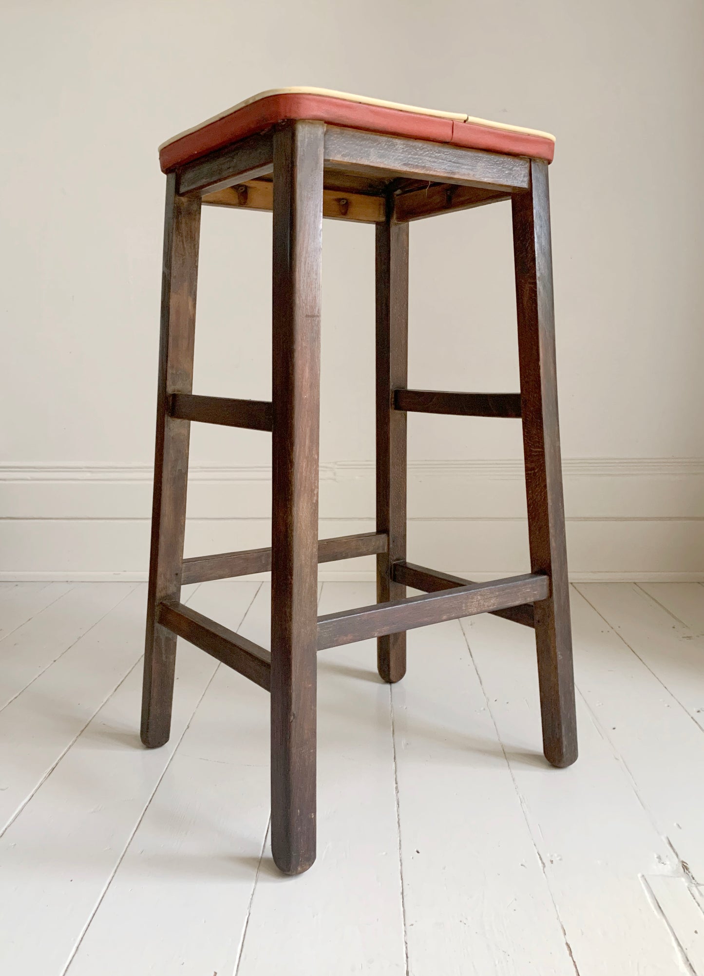 Vintage 1960s Red Vinyl & Wooden Kitchen Stool - but best for a plant/lamp stand