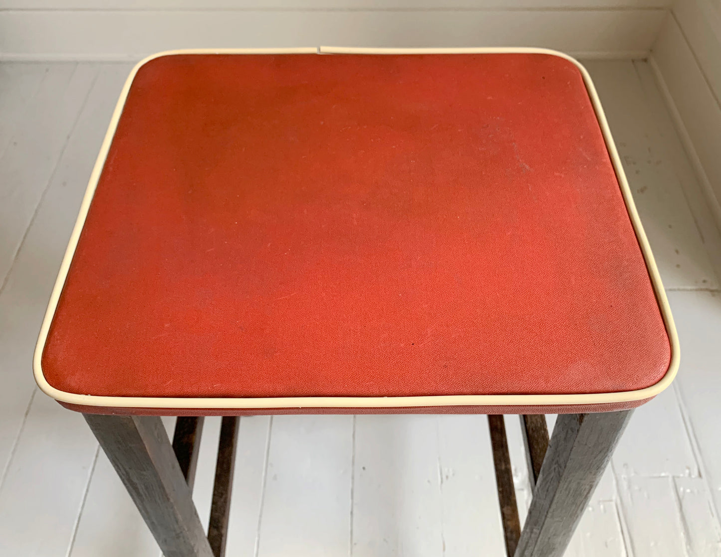 Vintage 1960s Red Vinyl & Wooden Kitchen Stool - but best for a plant/lamp stand