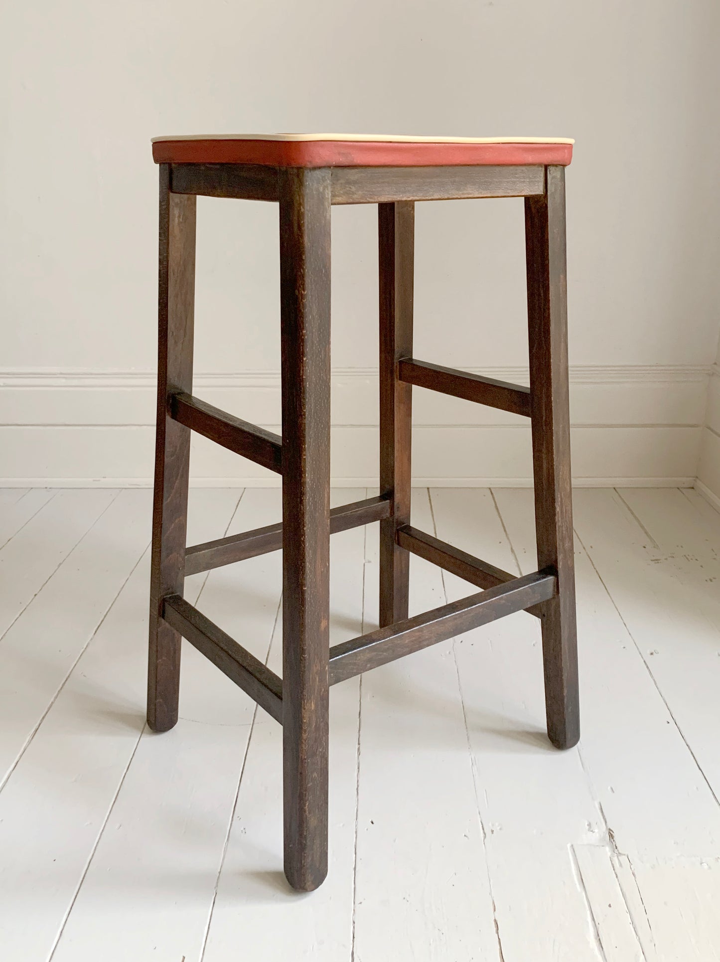 Vintage 1960s Red Vinyl & Wooden Kitchen Stool - but best for a plant/lamp stand