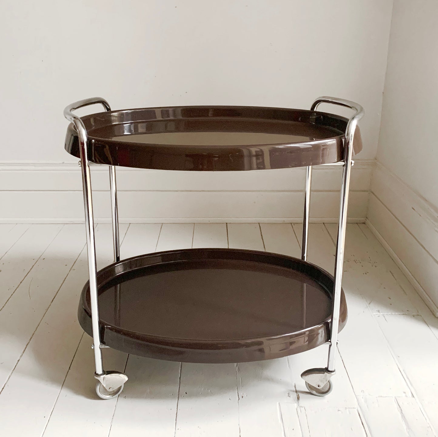 Vintage 1970's Bar Cart / Drinks Trolley / Mid Century Modern Chocolate & Chrome