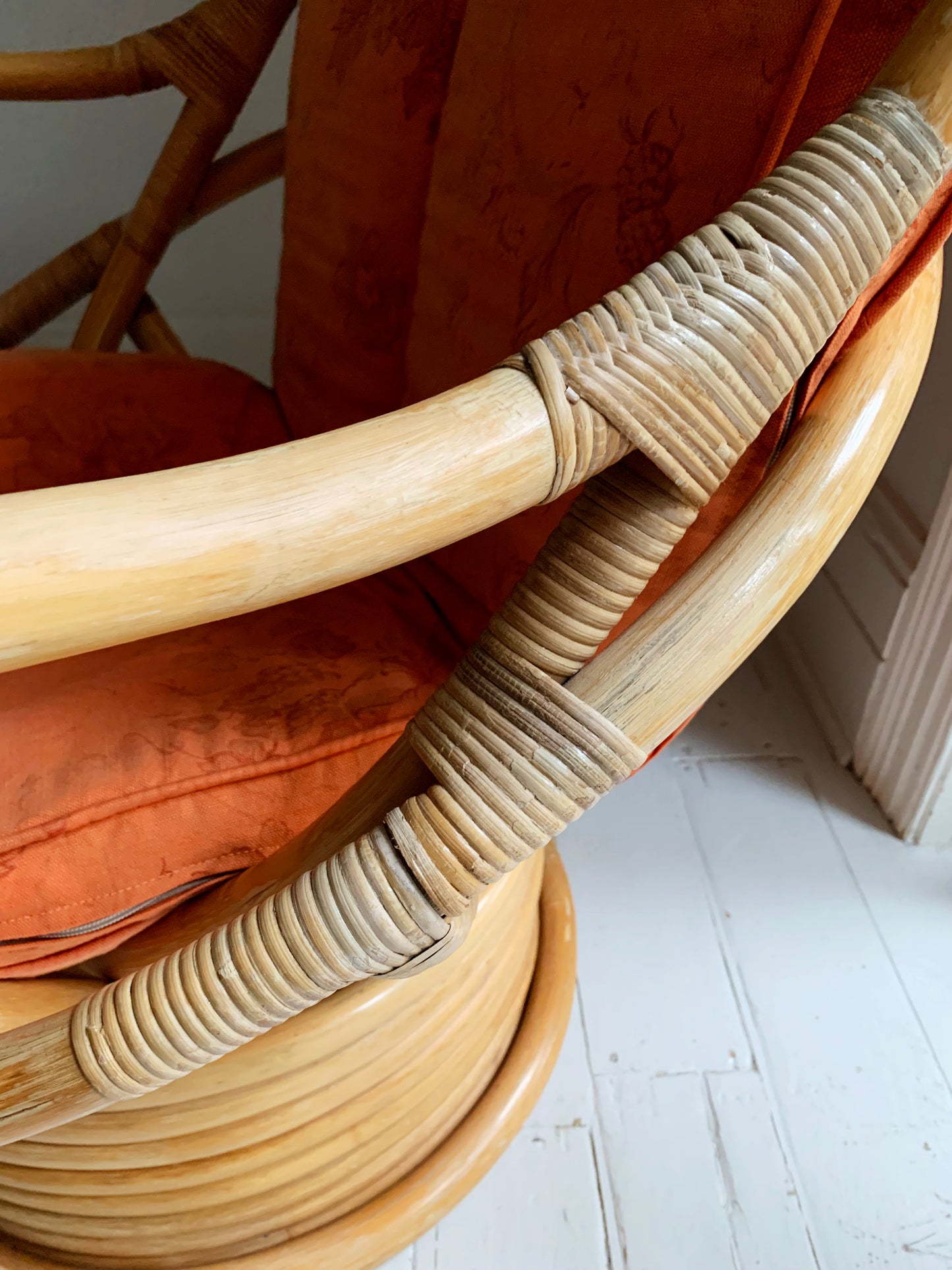 Stunning MCM Large Vintage 1970s Rattan Rocking & Swivel Chair with Cushion