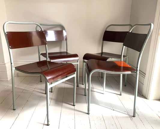 4xVintage 'Nest-A-Bye' Stacking Chairs Pale Grey/Blue Tubular Metal /Brown Seats