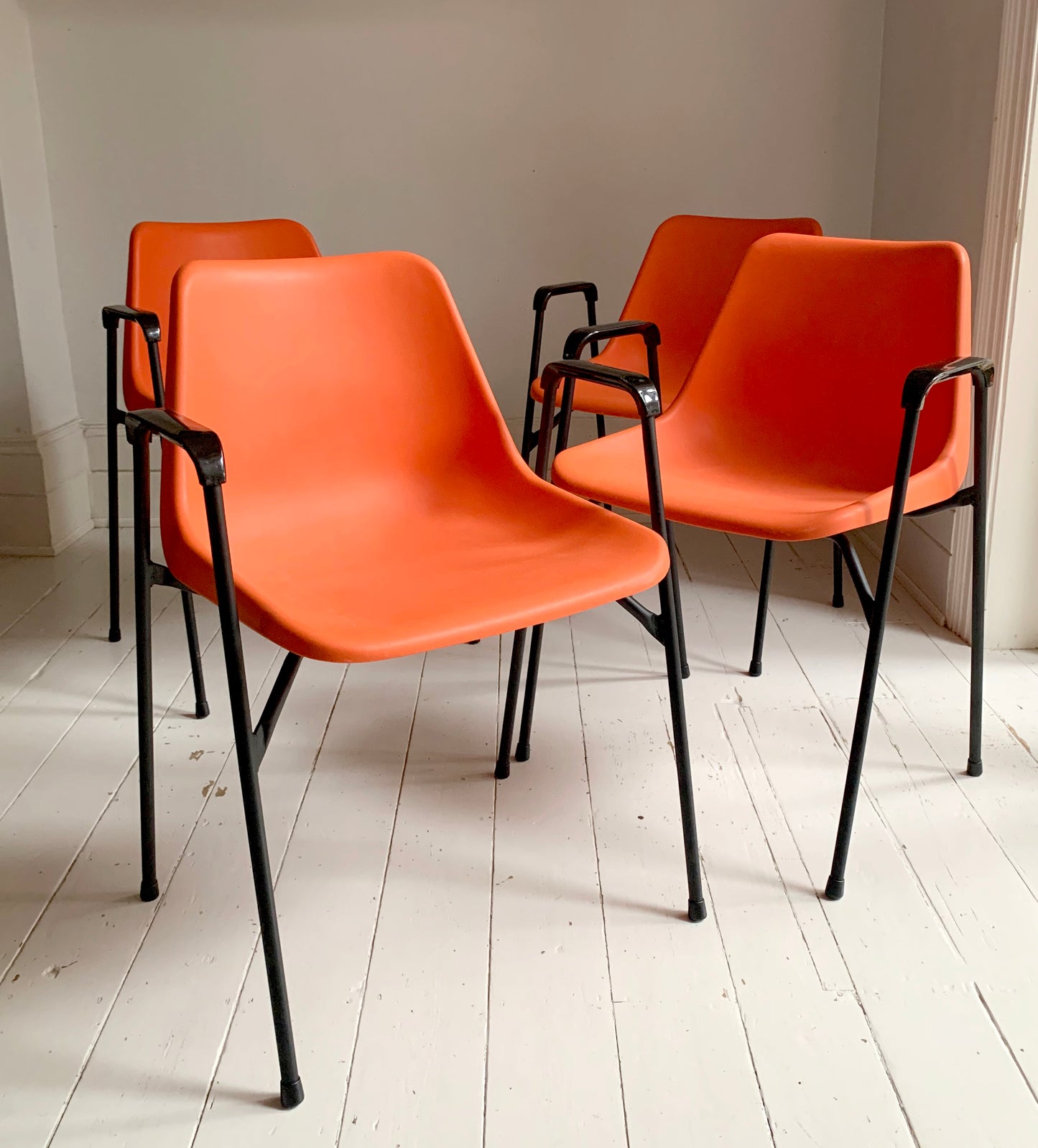 4 x Rare Vintage Robin Day, for Hille Orange Stacking Chairs w/ Arms