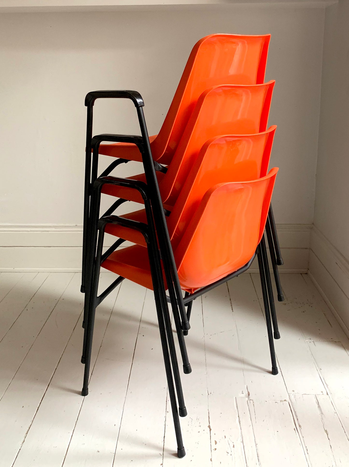 4 x Rare Vintage Robin Day, for Hille Orange Stacking Chairs w/ Arms