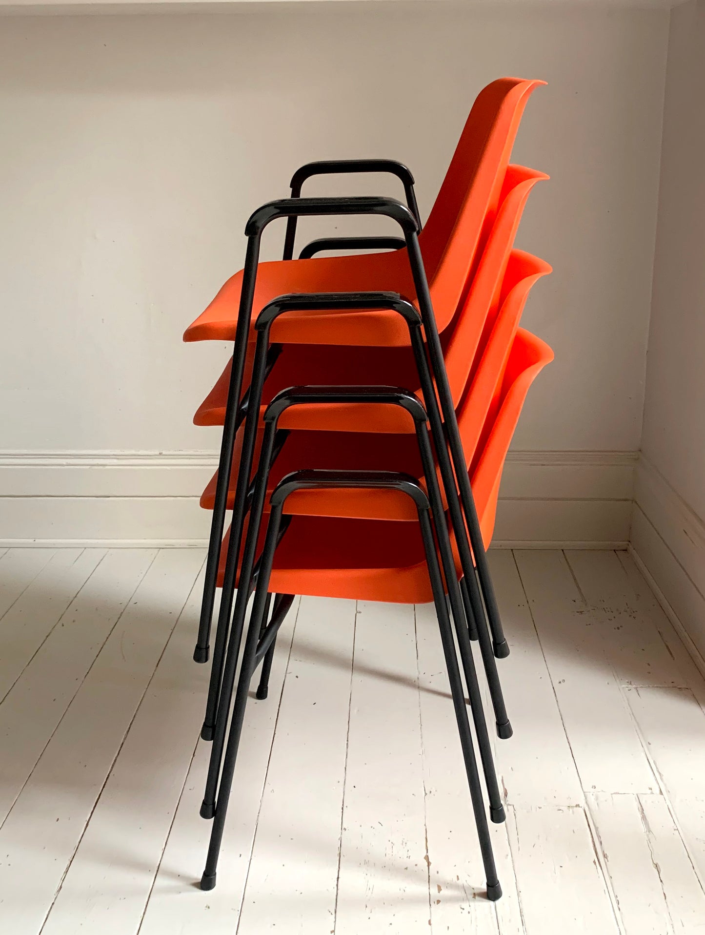 4 x Rare Vintage Robin Day, for Hille Orange Stacking Chairs w/ Arms