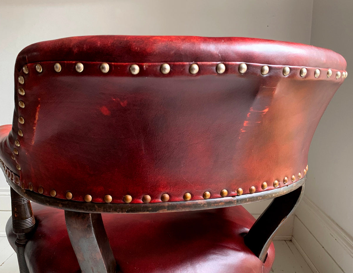 Antique Victorian Mahogany & Red Leather Swivel Captains / Desk Chair