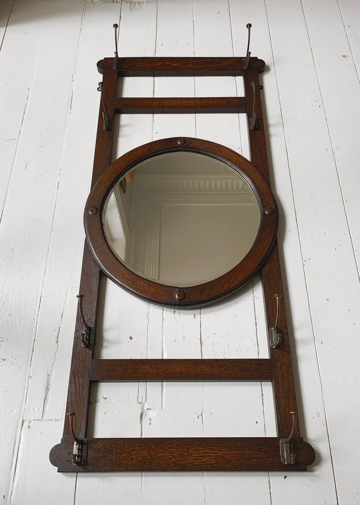 Antique Arts & Crafts Round bevelled Mirror & Coat Rack - Oak