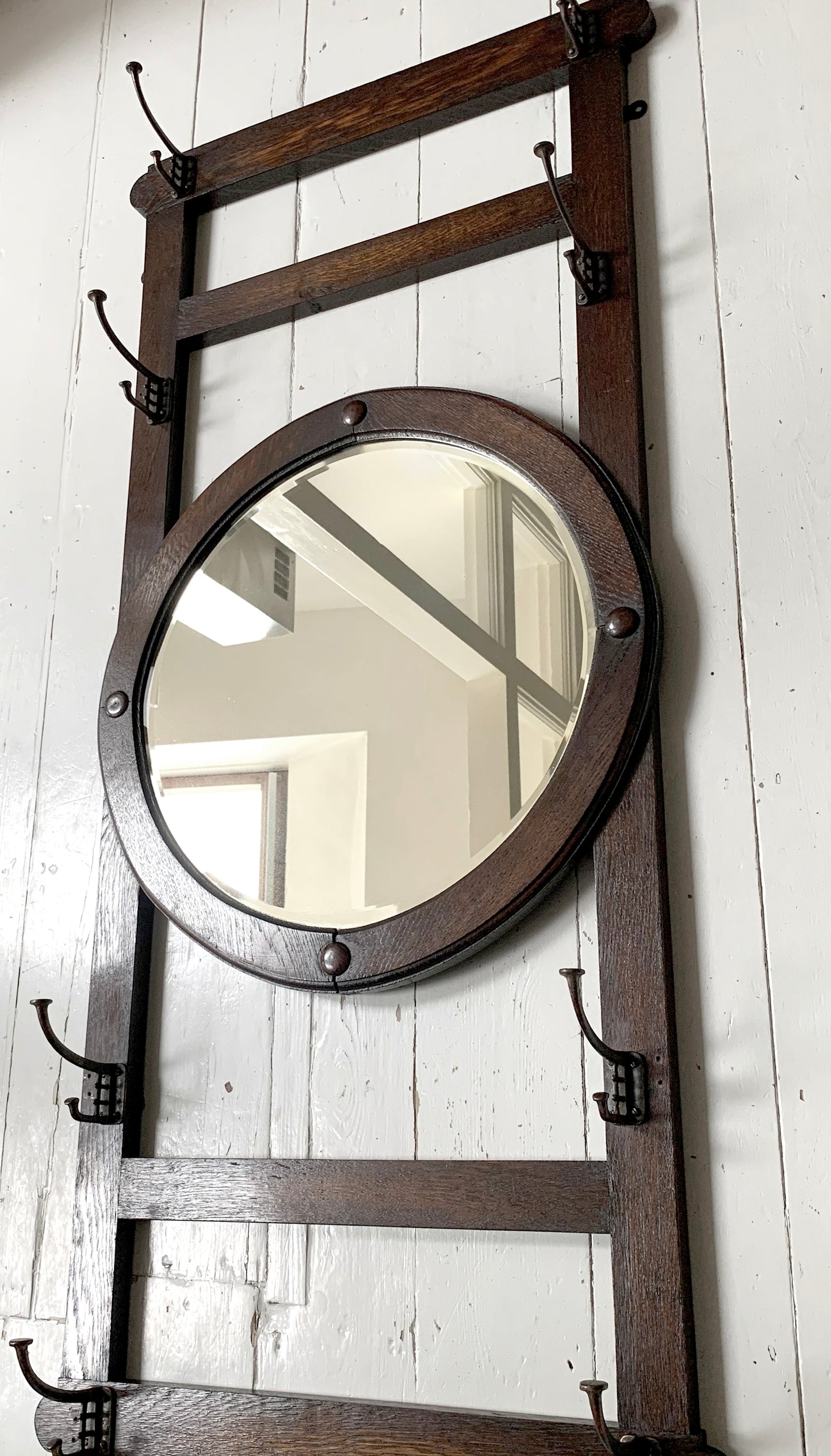 Antique Arts & Crafts Round bevelled Mirror & Coat Rack - Oak